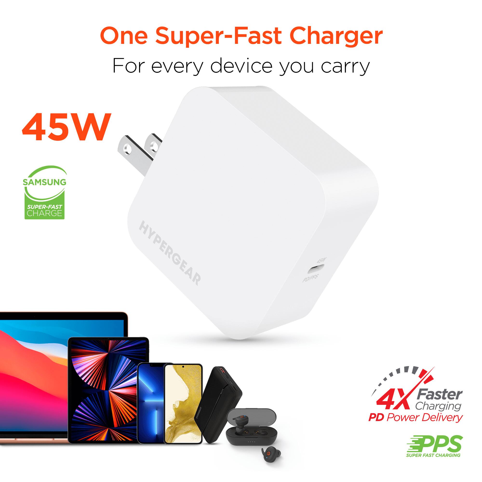 One Super-Fast Charger For every device you carry

45W SAMSUNG SUPER-FAST CHARGE HYPERGEAR 2P

4X Faster Charging PD Power Delivery

EPPS SUPER FAST CHARGING