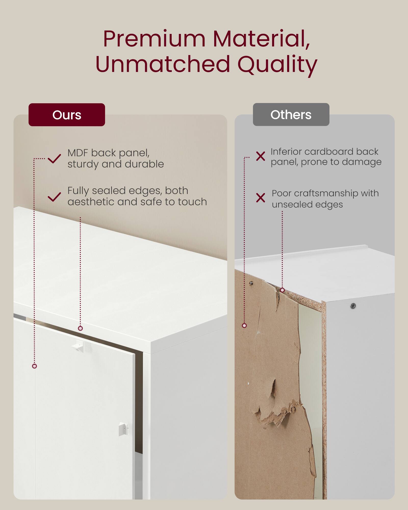 Premium Material, Unmatched Quality

Ours
- MDF back panel, sturdy and durable
- Fully sealed edges, both aesthetic and safe to touch

Others
- Inferior cardboard back panel, prone to damage
- Poor craftsmanship with unsealed edges