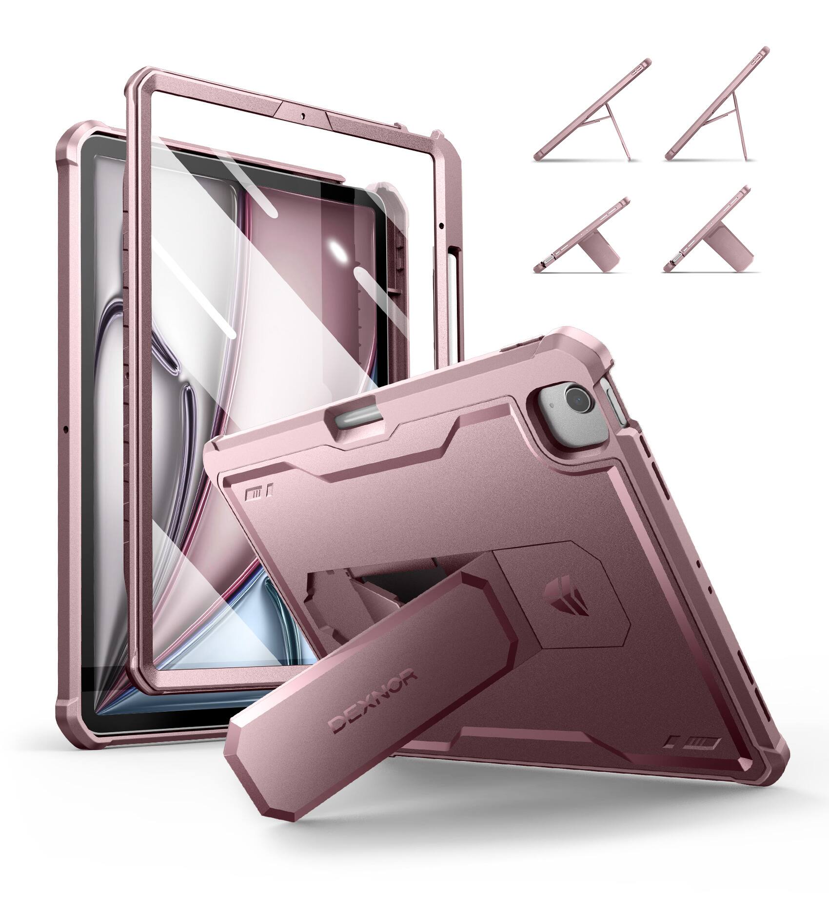 Angle. Dexnor - Case for iPad Air 13” M4/M3/M2 with 360° Rotating Hand Strap& Screen Protector Shockproof Full-Body Bumper Cover - Peony Pink.