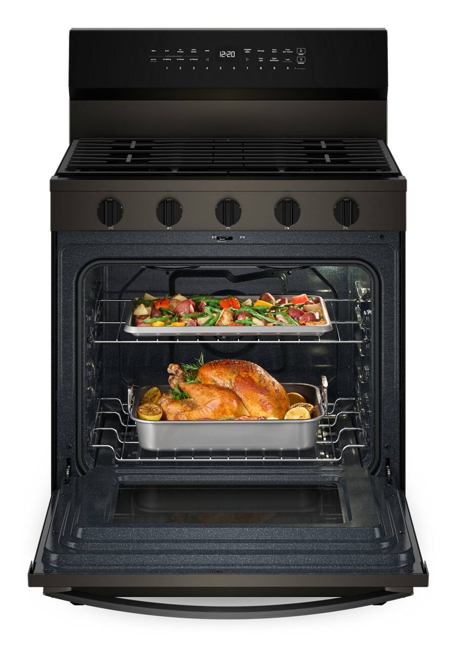 Alt View 3. Whirlpool - 5.0 Cu. Ft. Smart Freestanding Gas Range with Air Cooking Technology, No Preheat Air Fry and Steam/Self Clean - Black-on-Stainless.