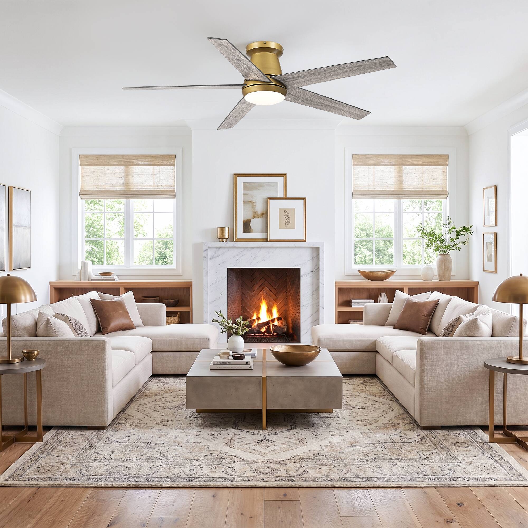 Back. Vaczon - 52 In. Modern 3CCT Dimmable LED Smart Flush Mount Ceiling Fan with Light, Remote and App Control,Double-Sided Blades - Gold.