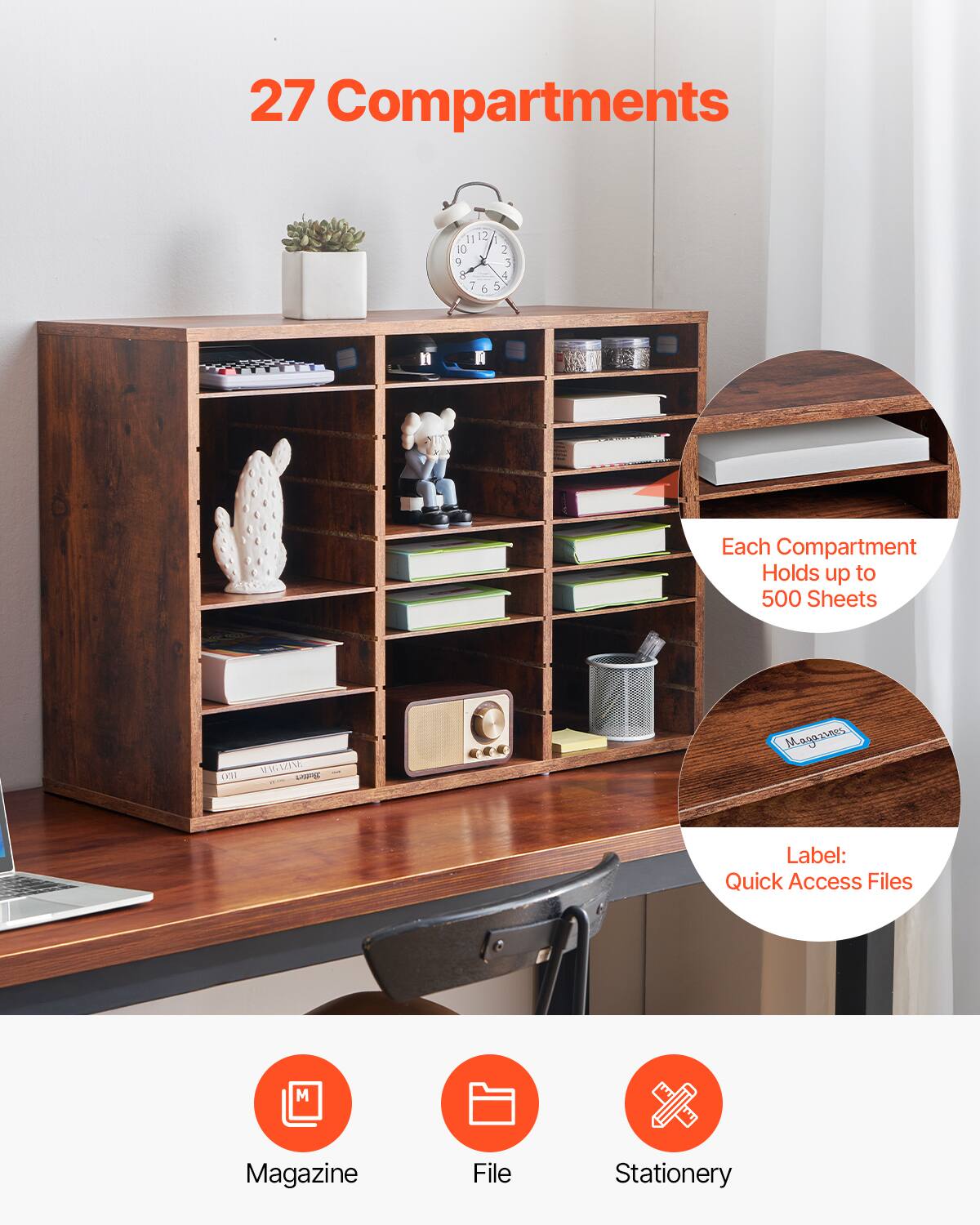 27 Compartments

Each Compartment Holds up to 500 Sheets

Label: Quick Access Files

Magazine
File
Stationery