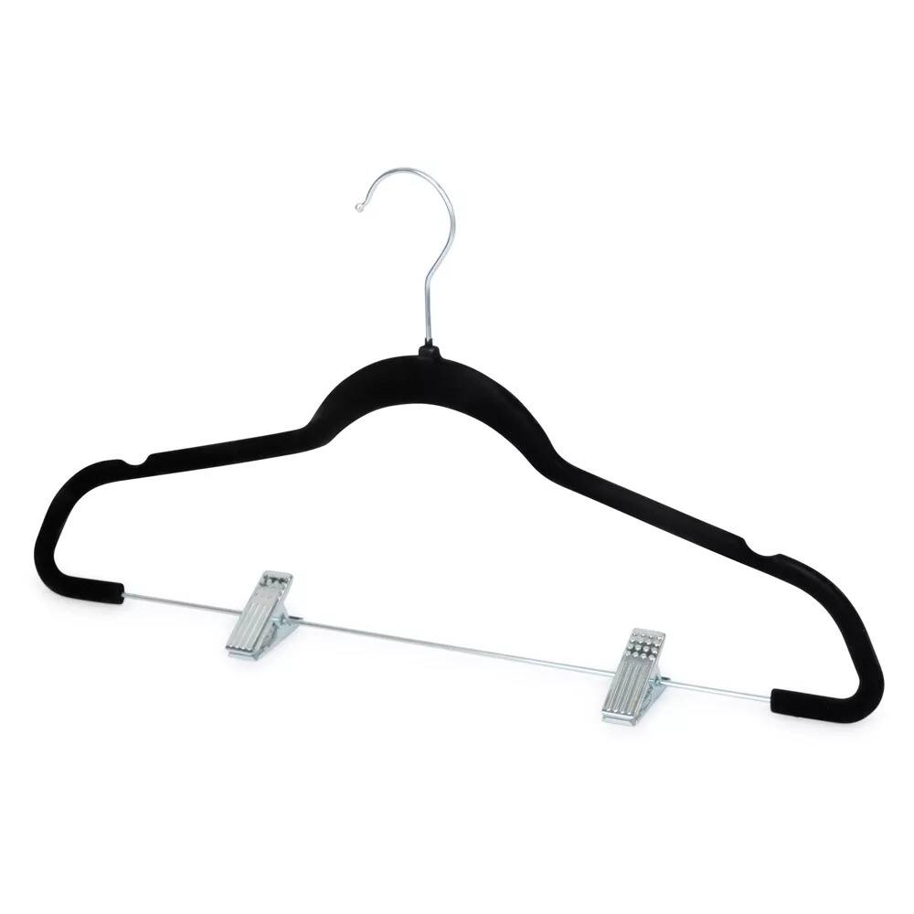 Angle. Elle Decor - Black Velvet Clothes Hangers with Adjustable Metal Clips Set of 3, Space-Saving, Non-Slip Design - Black.