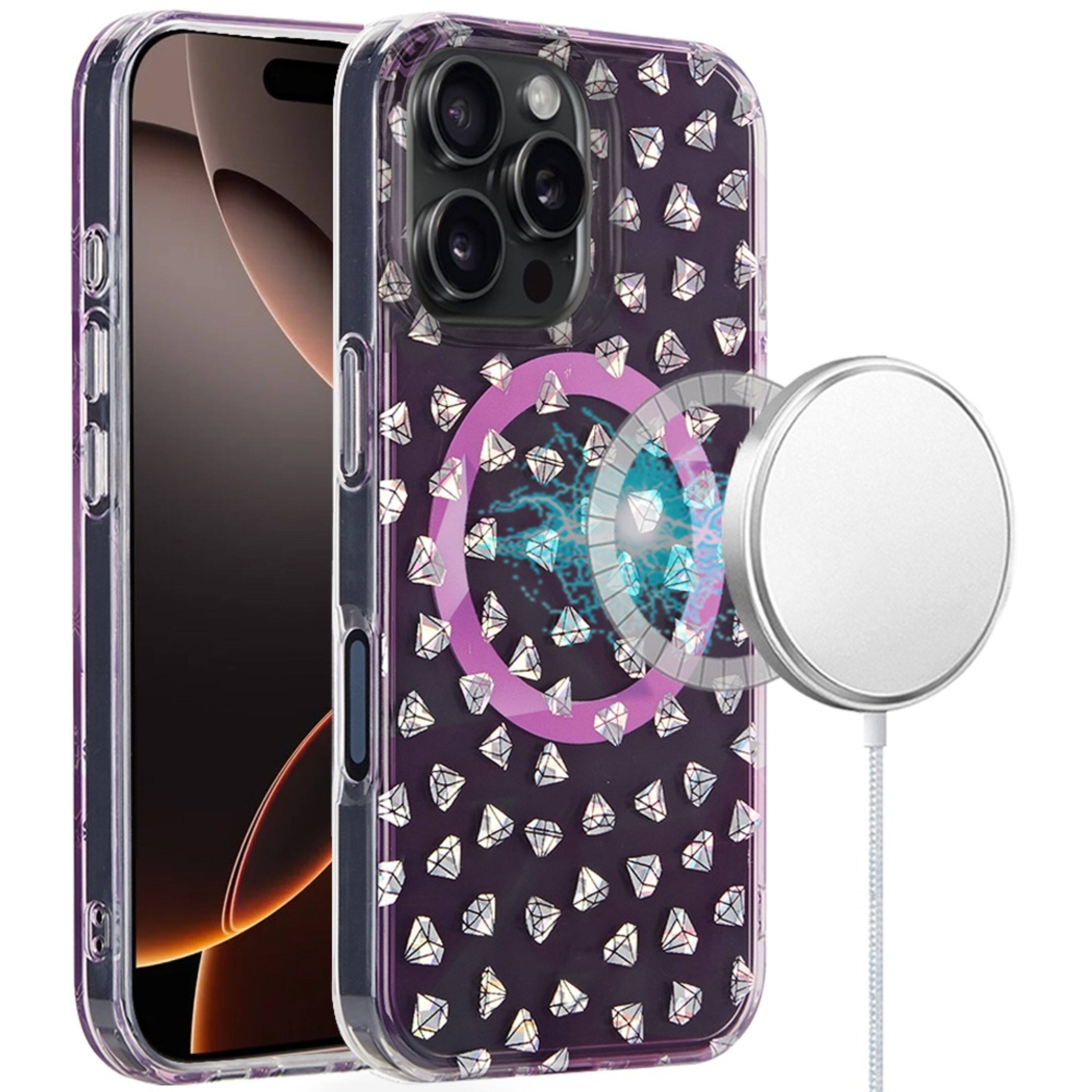 Kitcheniva - IMD Dual Layer Magnetic Circle Cover Phone Case With Tempered Glass For iPhone 16 Pro Diamond Holographic Pink - Multicolor