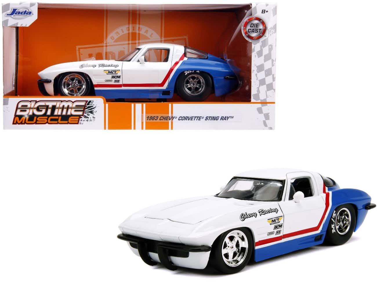"1963 Chevrolet Corvette Stingray White and Blue with Red Stripe ""Chevy Racing"" 1/24 Diecast Model Car by Jada" price history on PriceWatchPro