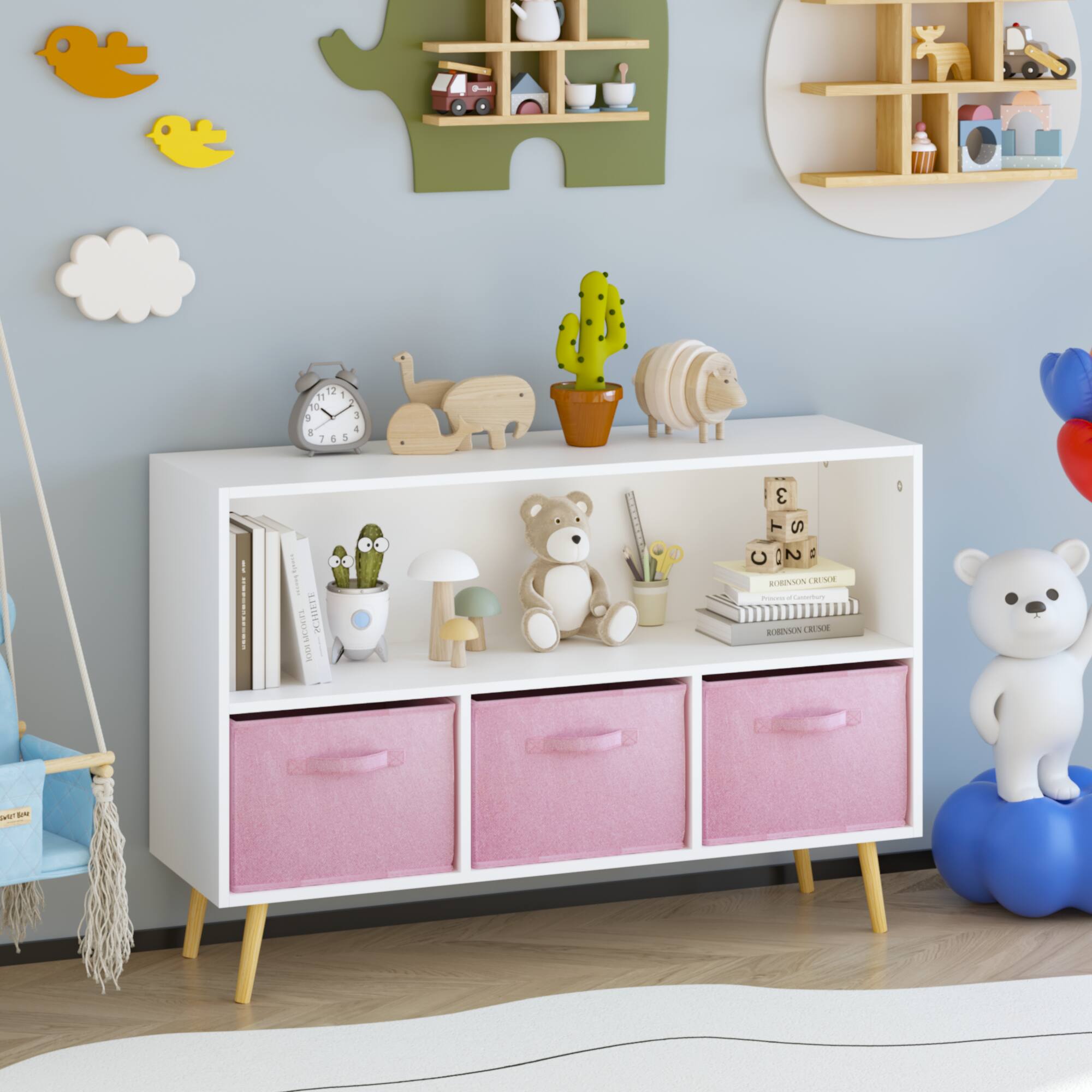 GOODSILO - Kids Bookcase with Collapsible Fabric Drawers, Children's Book Display & Toy Storage Cabinet Organizer - White+Pink