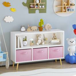 GOODSILO - Kids Bookcase with Collapsible Fabric Drawers, Children's Book Display & Toy Storage Cabinet Organizer - White+Pink