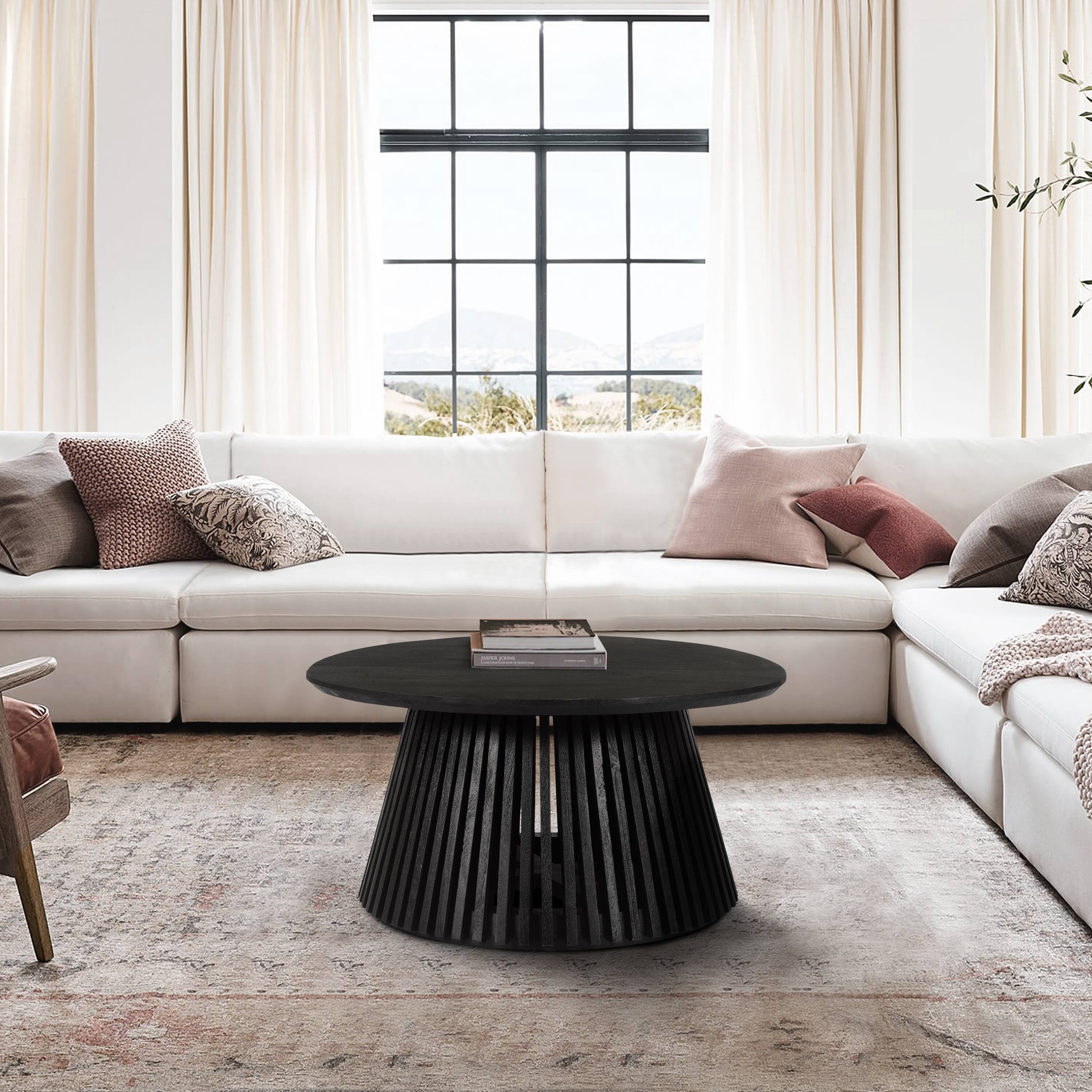 Alt View 8. Manhattan Lane - Ridge 32 Inch Handcrafted Round Coffee Table, Mango Wood, Slatted Flared Base - Black.