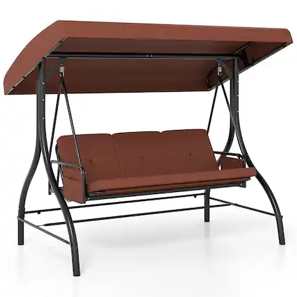 Front. Gymax - Gymax 3-Seat Patio Swing w/ Canopy & Removable Cushions & Side Pockets Stand Brown - Brown.