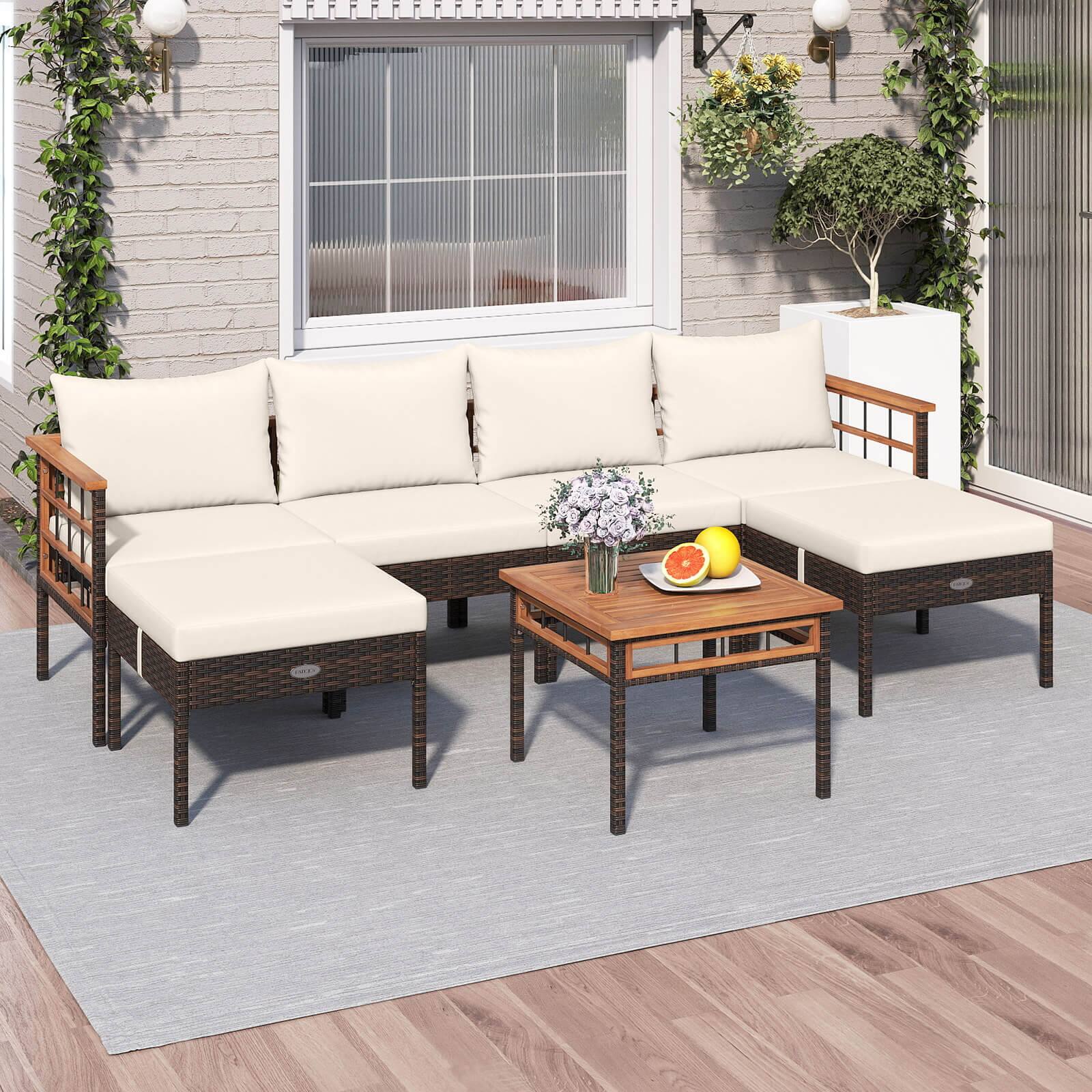 Alt View 1. Costway - Costway 7 PCS Wicker Furniture Set with Ottomans Side Table Acacia Wood Tabletop Armrests - Mix Brown,White.