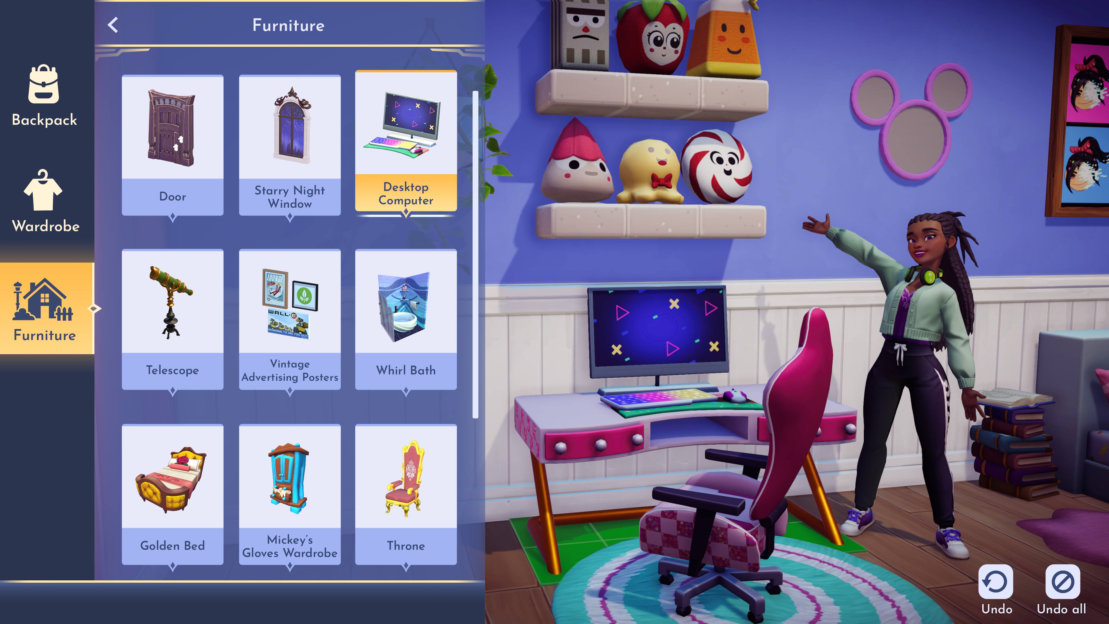 Furniture
Backpack
Wardrobe
Door
Starry Night Window
Desktop Computer
WALL
Telescope
Vintage Advertising Posters
Whirl Bath
Golden Bed
Mickey's Gloves Wardrobe
Throne
Undo
Undo all