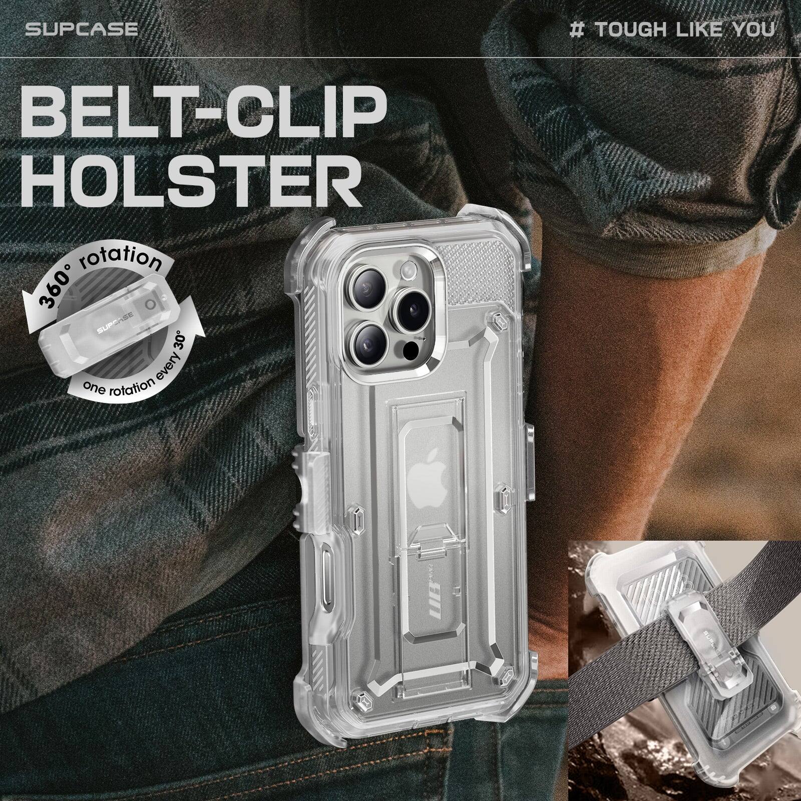 The corrected text is:

"Supcase Belt-Clip Holster: 360° rotation, 30° every one rotation. # Tough Like You"