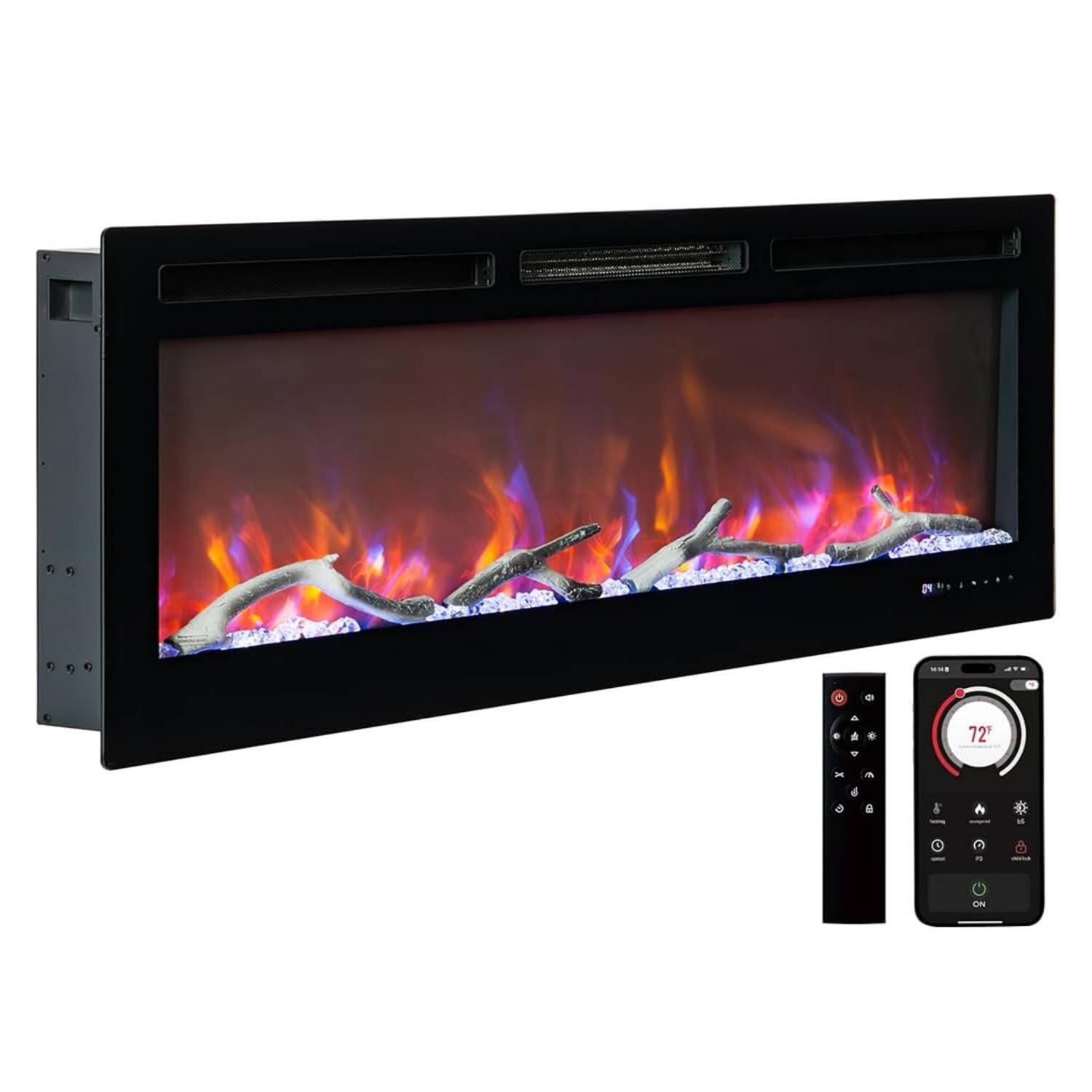 Front. Qeetex - Recessed and Wall Mounted 50 Inch Electric Fireplace Heater with Multicolor Flame.