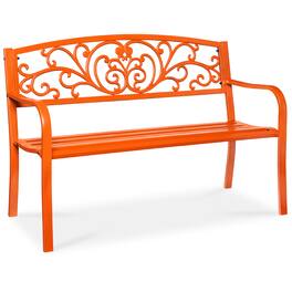 Best Choice Products - Outdoor Steel Bench Garden Patio Porch Furniture w/ Floral Design Backrest - Carrot