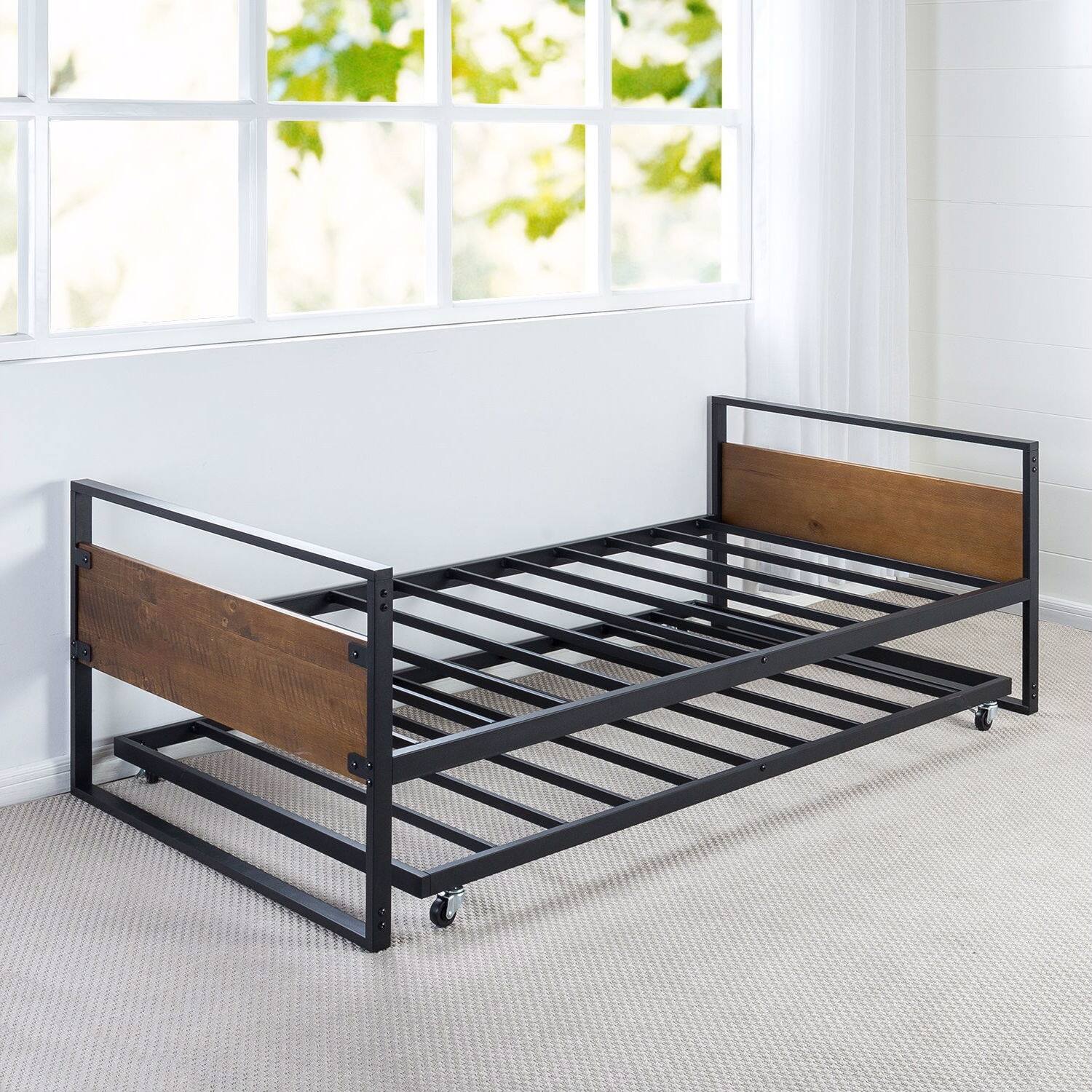 Angle. Hivvago - Twin size Metal Wood Daybed Frame with Roll Out Trundle Bed - Black, Brown.