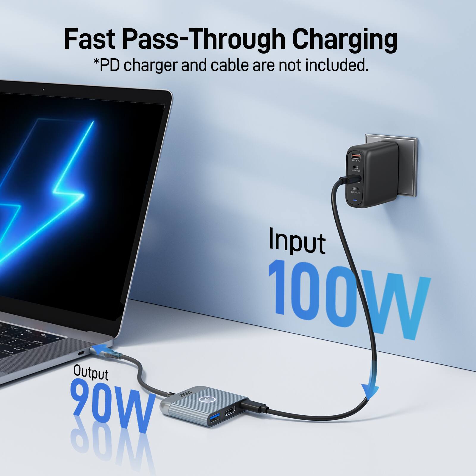 Fast Pass-Through Charging  
*PD charger and cable are not included.  

Input 100W  
Output 90W