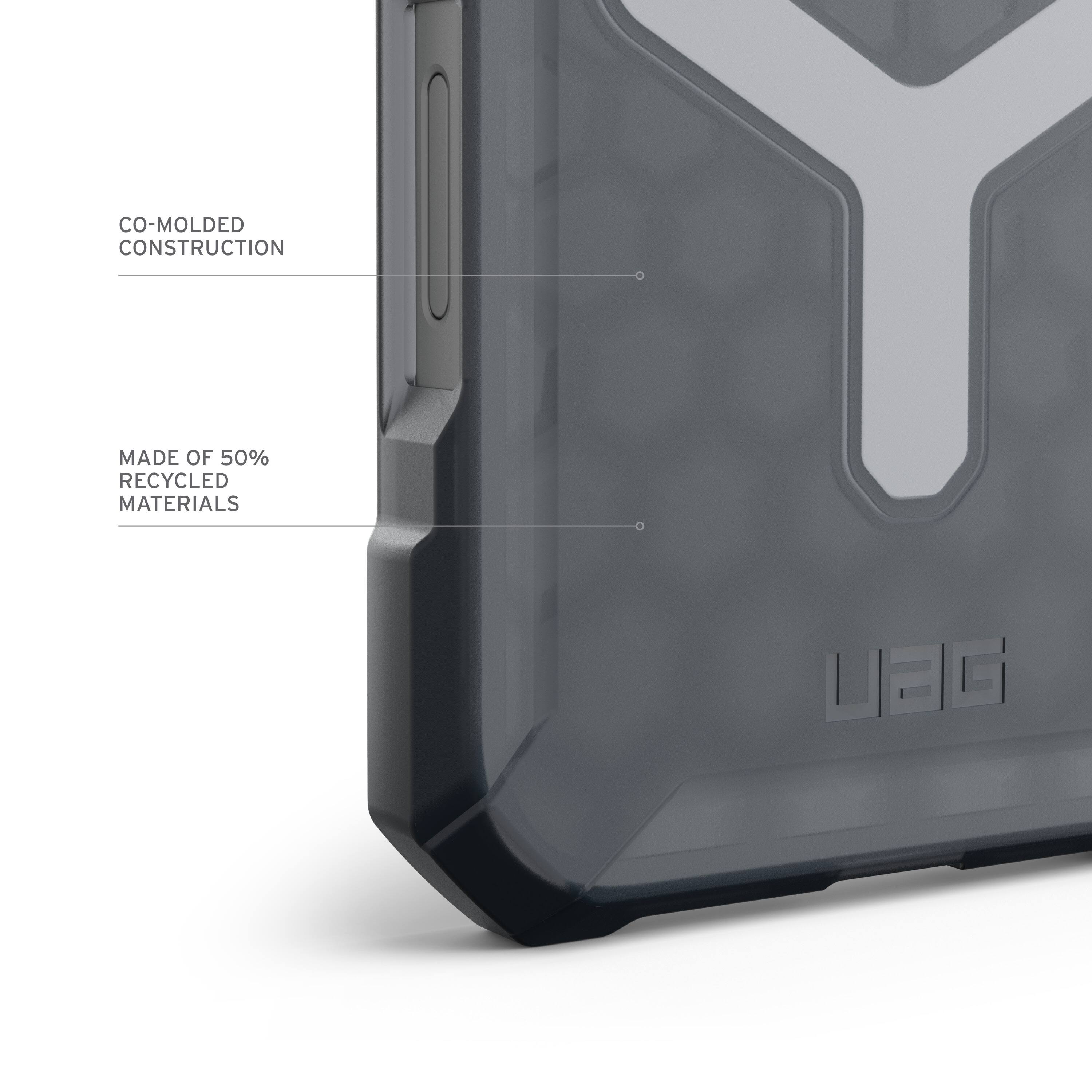 The image features a close-up of a UG case, which is made of 50% recycled materials. The case is co-molded and has a unique construction that sets it apart from other cases. The UG case is designed to be durable and environmentally friendly, making it a great choice for those who value both functionality and sustainability.
