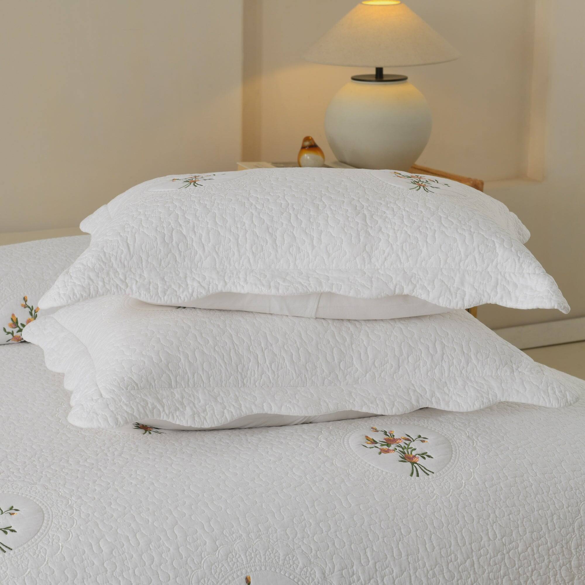 Alt View 1. MarCielo - MarCielo 3 Piece 100% Cotton Cover Rose Embroidered Vintage Cottage Quilt Bedspread Set - White.