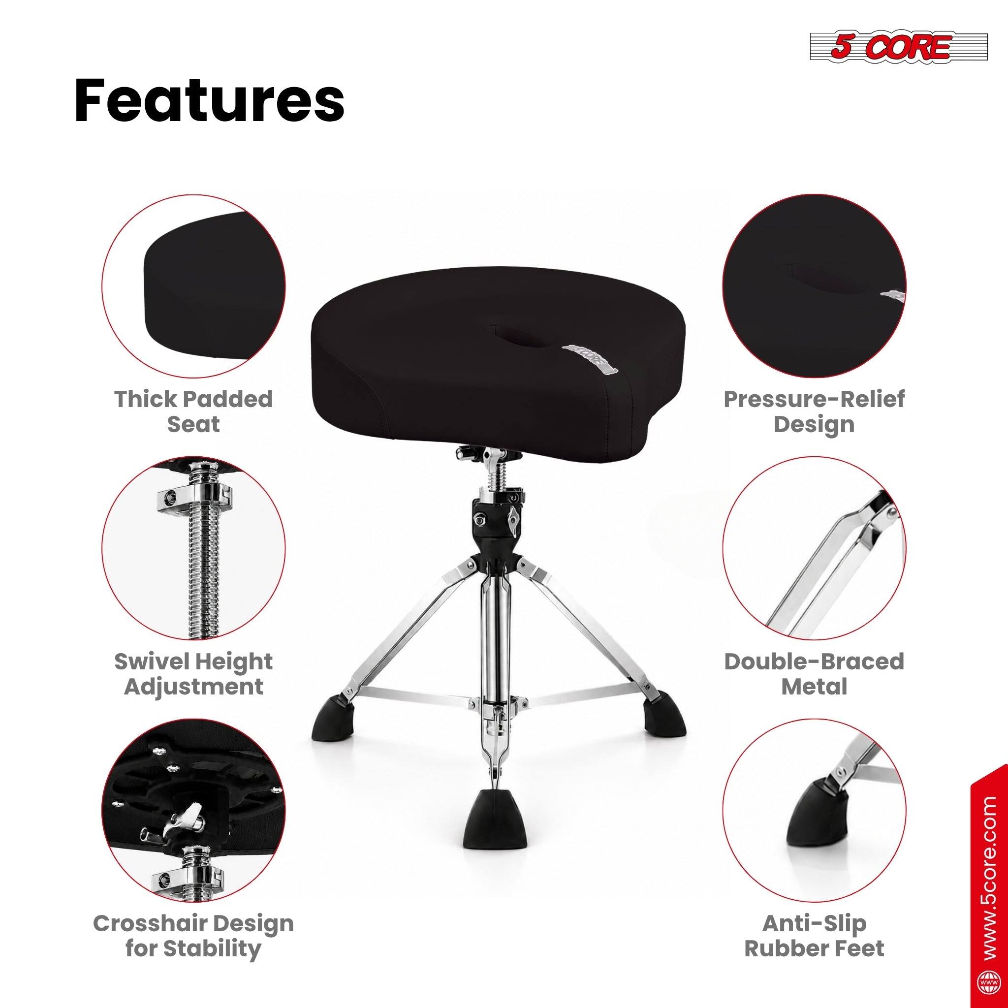 Features

- 5 CORE Thick Padded Seat
- Pressure-Relief Design
- Swivel Height Adjustment
- Double-Braced Metal Crosshair Design for Stability
- Anti-Slip Rubber Feet

www.5core.com