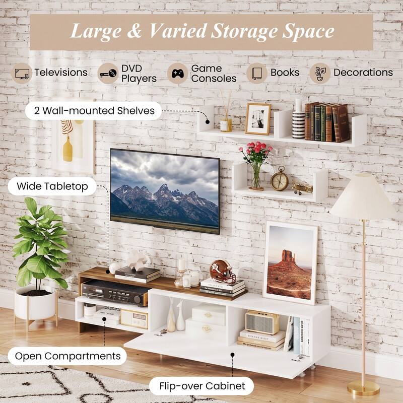 Large & Varied Storage Space

- Televisions
- DVD Players
- Game Consoles
- Books
- Decorations
- 2 Wall-mounted Shelves
- Wide Tabletop
- Open Compartments
- Flip-over Cabinet
