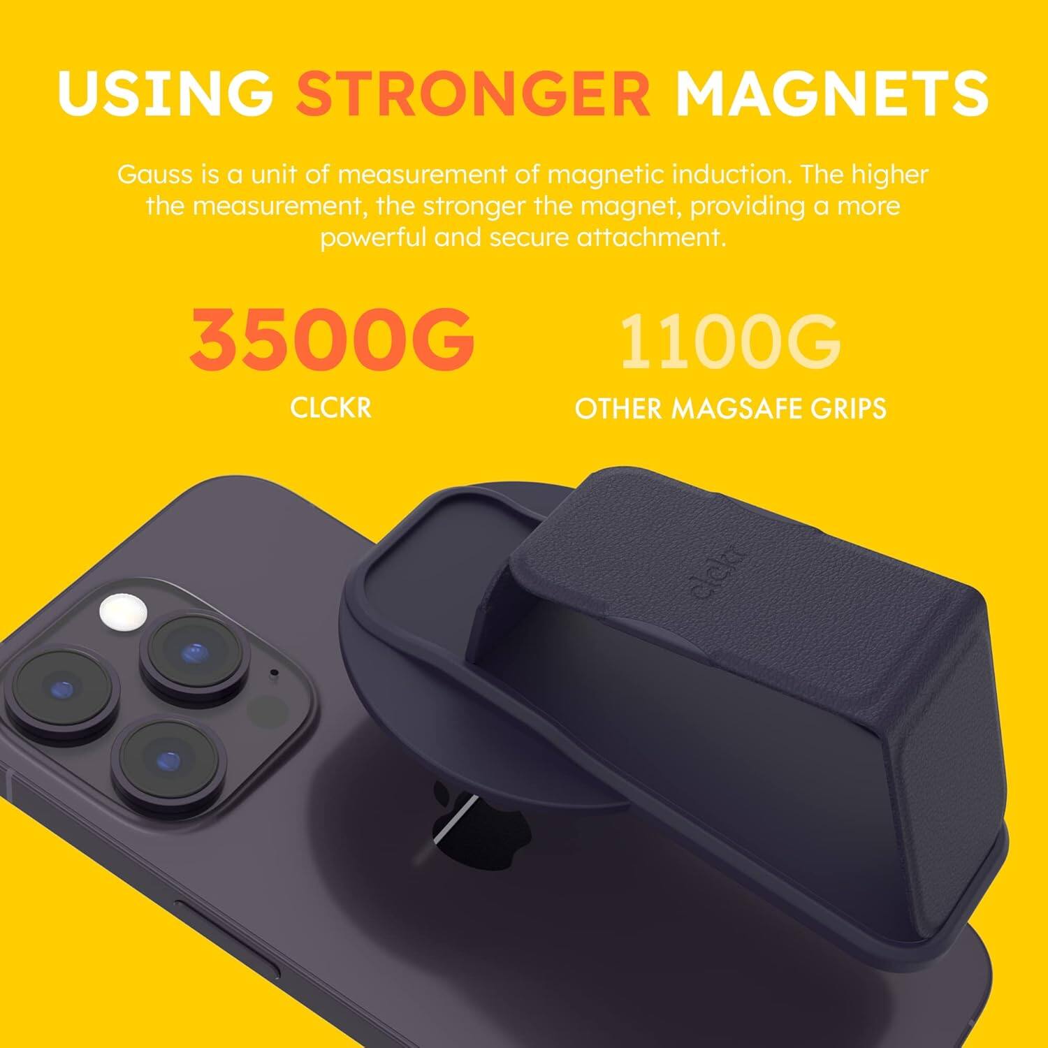 USING STRONGER MAGNETS

Gauss is a unit of measurement of magnetic induction. The higher the measurement, the stronger the magnet, providing a more powerful and secure attachment.

3500G  
CLKR

1100G  
OTHER MAGSAFE GRIPS