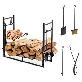Outsunny - 33" Firewood Rack Outdoor Indoor with 4-Piece Fireplace Tools, Firewood Holder with 2 Tiers - Black