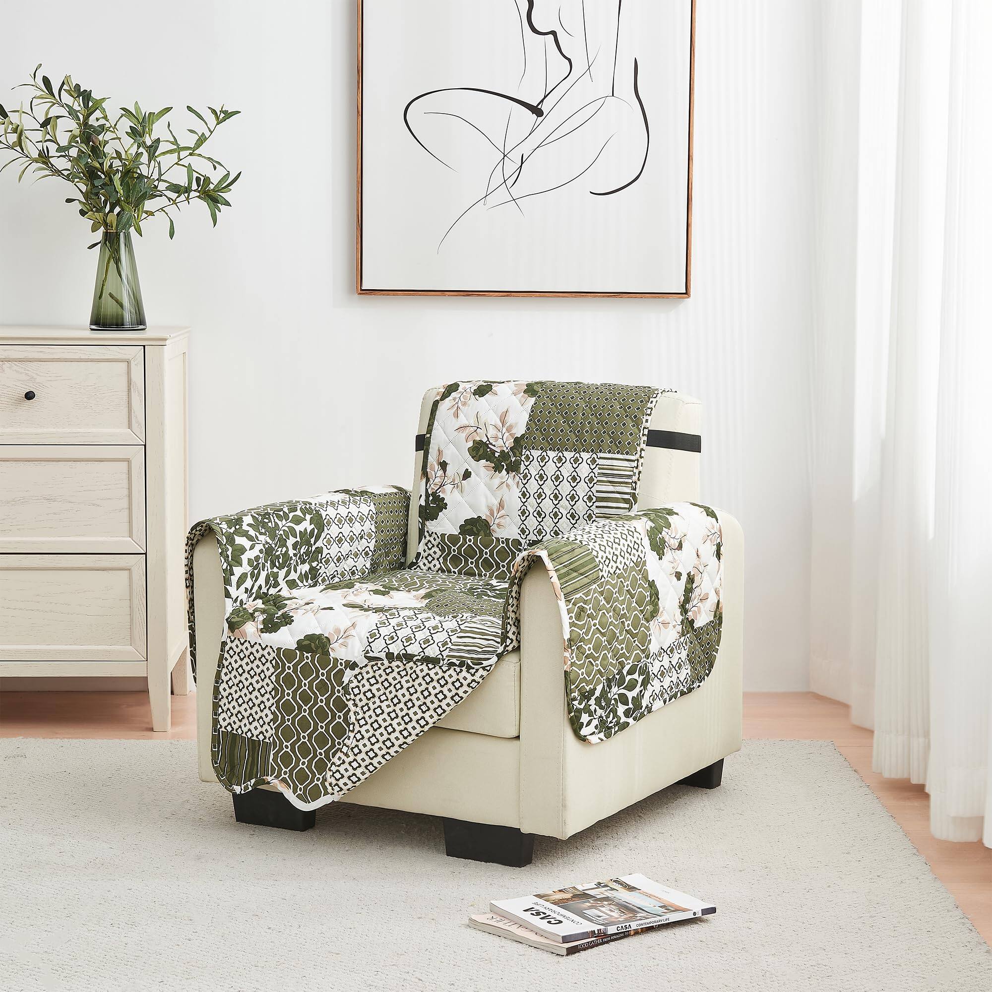 Front. Fabibe - Reversible Patchwork Recliner Chair Cover - Washable Slipcover Furniture Protector with Elastic Straps - Couch - 06- Patchwork - Olive / Brown Chair.