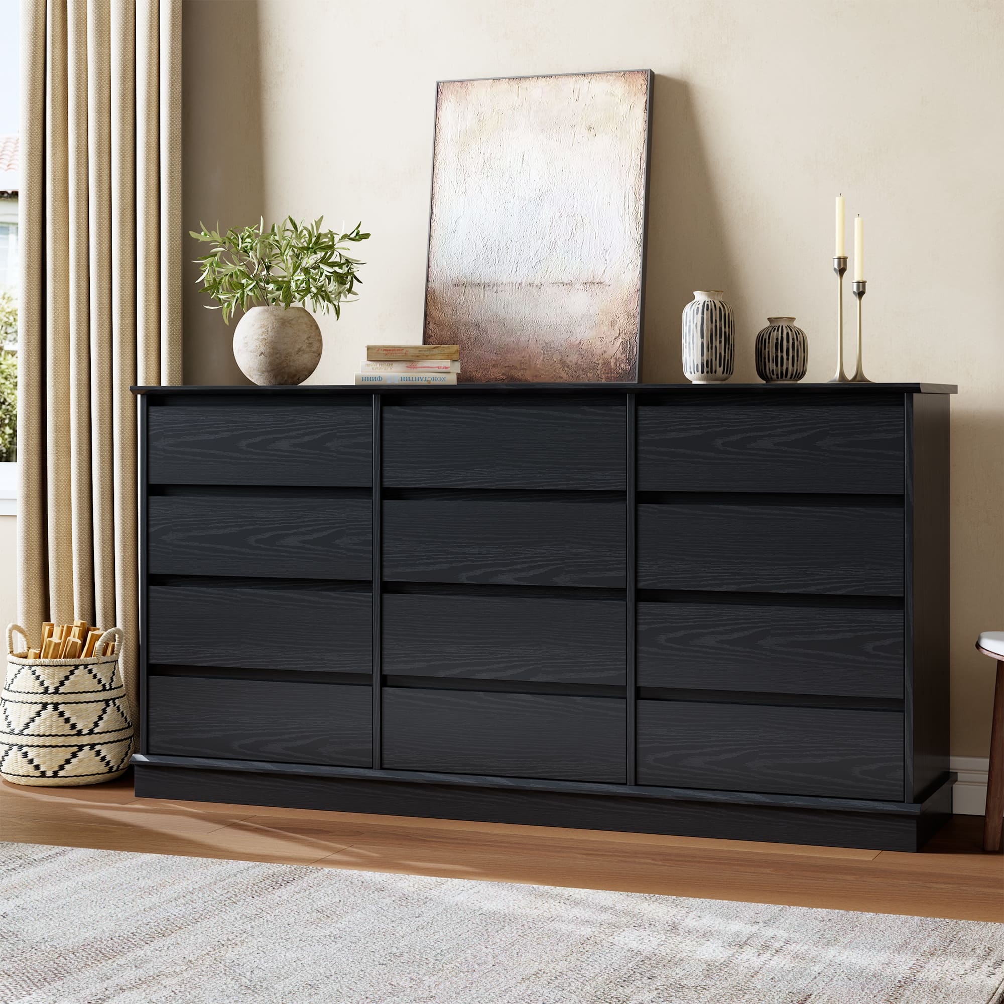 Homhougo - 12-Drawer Wooden Dresser for Bedroom, Large Chest with Deep Storage, Wide Top for Closet, Living Room, Kids Room - Black
