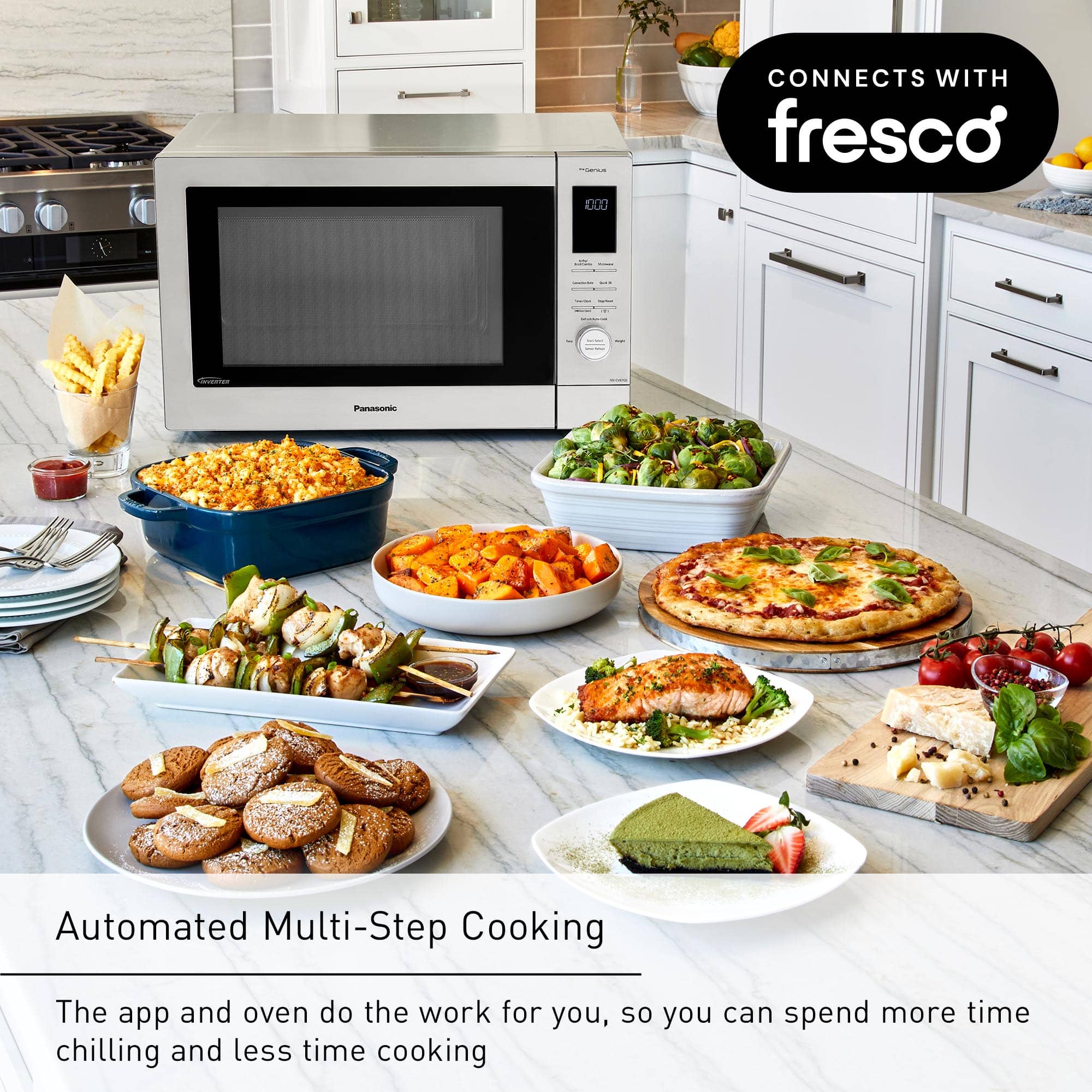 Connects with Fresco: Automated Multi-Step Cooking. The app and oven do the work for you, so you can spend more time chilling and less time cooking.