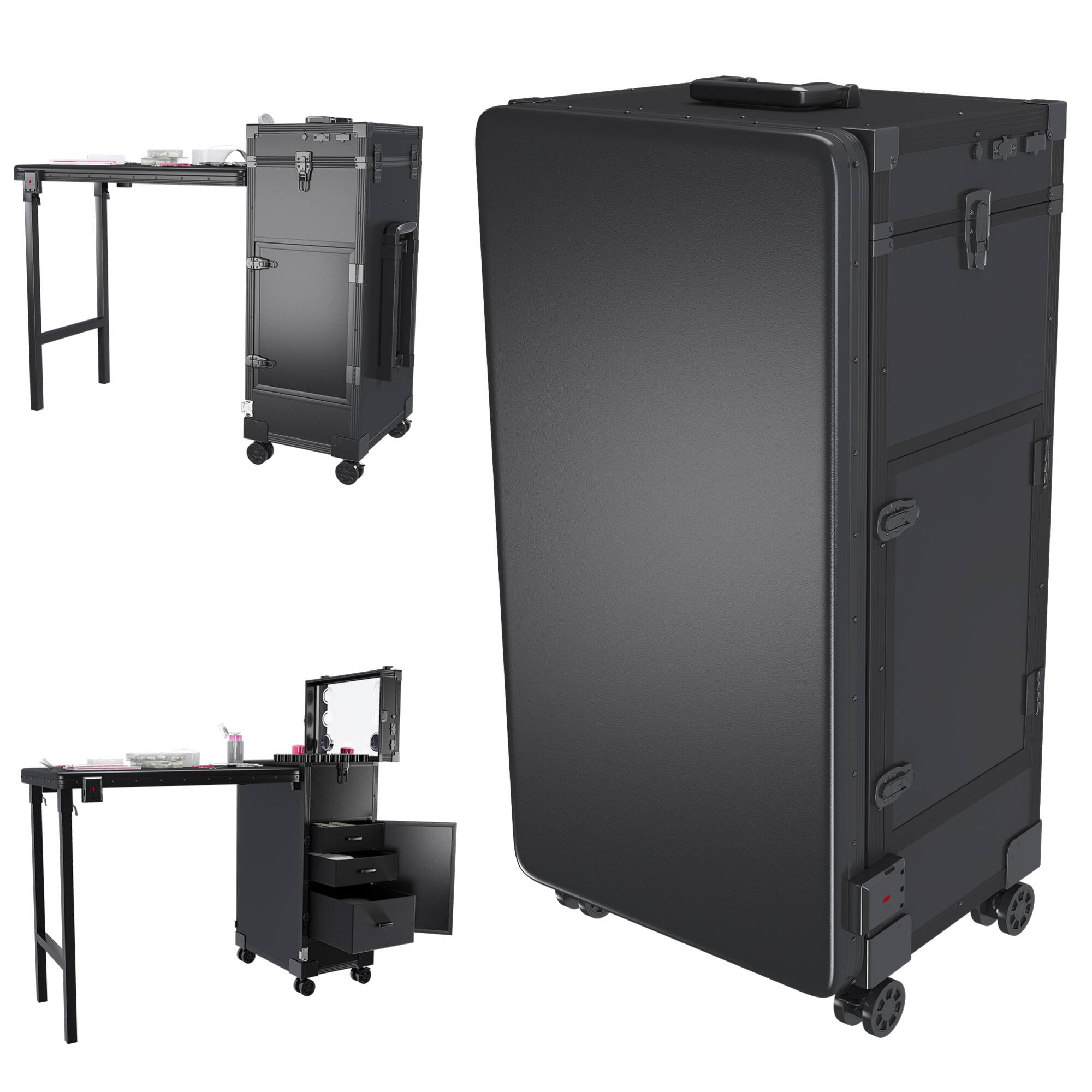 Alt View 9. GOODSILO - Professional Folding Nail Art Table with LED Mirror Bluetooth Speaker Lockable Drawers Telescopic Pole Salon Station - Black.