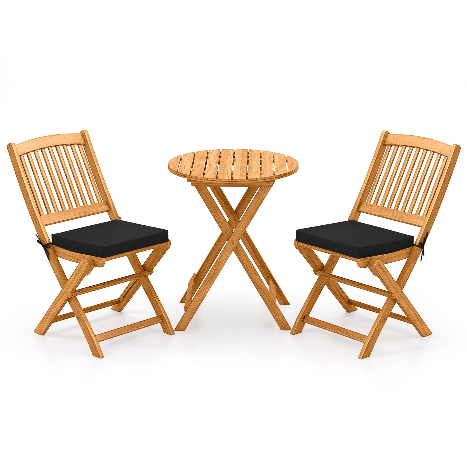 Alt View 9. Costway - Costway 3 Pieces Acacia Wood Patio Folding Bistro Set with Soft Cushions for Porch, Balcony - Natural+Black.