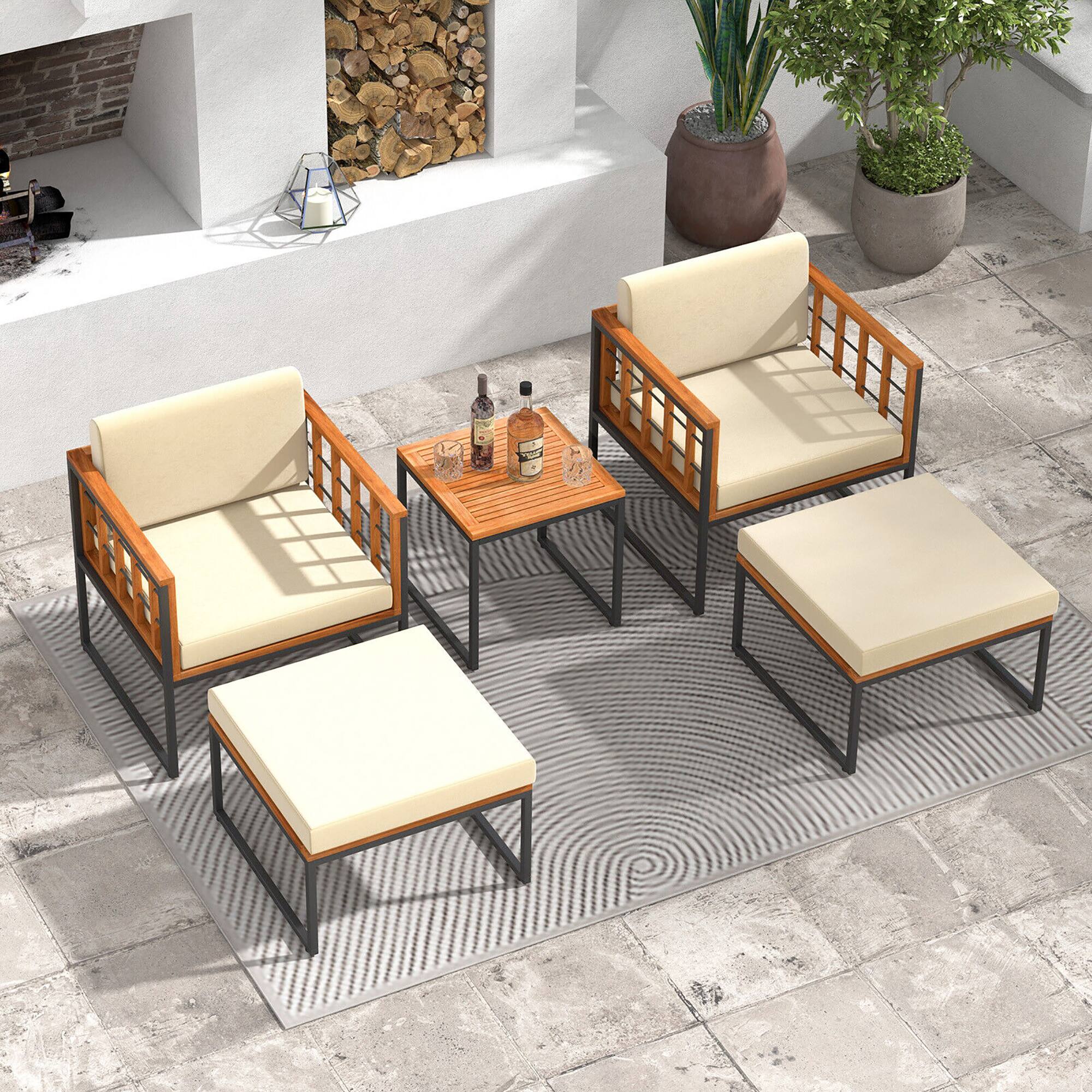 Alt View 1. Gymax - Gymax 5 PCS Acacia Wood Patio Furniture Set w/ Ottomans Soft Cushions & Coffee Table - Beige, Natural, Black.
