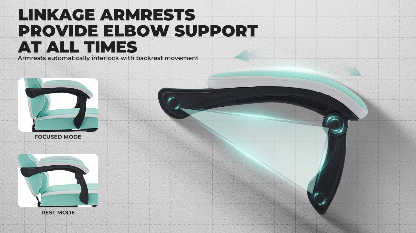 LINKAGE ARMRESTS PROVIDE ELBOW SUPPORT AT ALL TIMES  
Armrests automatically interlock with backrest movement  

FOCUSED MODE  
REST MODE