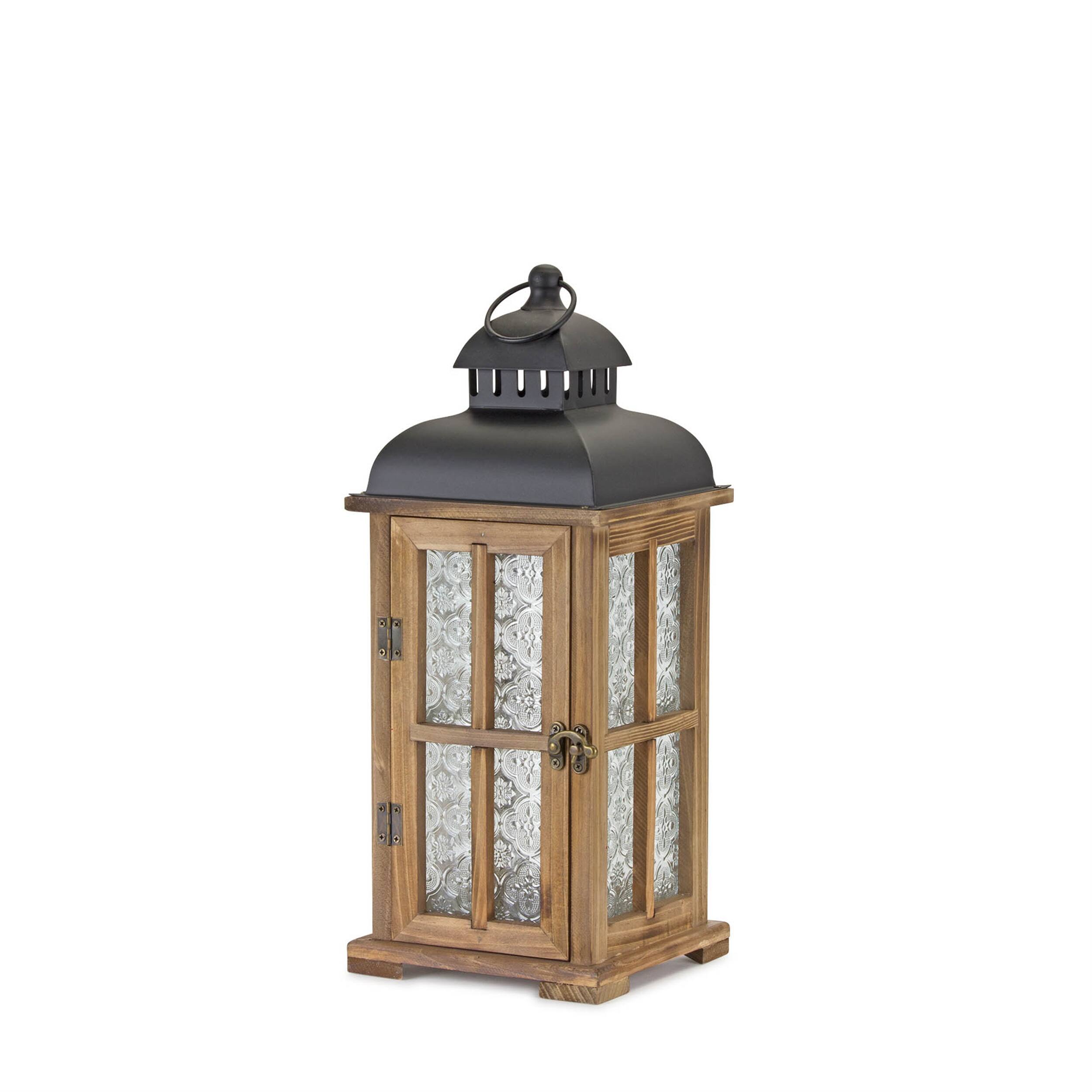 Left. BreeBe - Natural Wood Lantern with Ornate Frosted Glass (Set of 2) - Brown, Black.