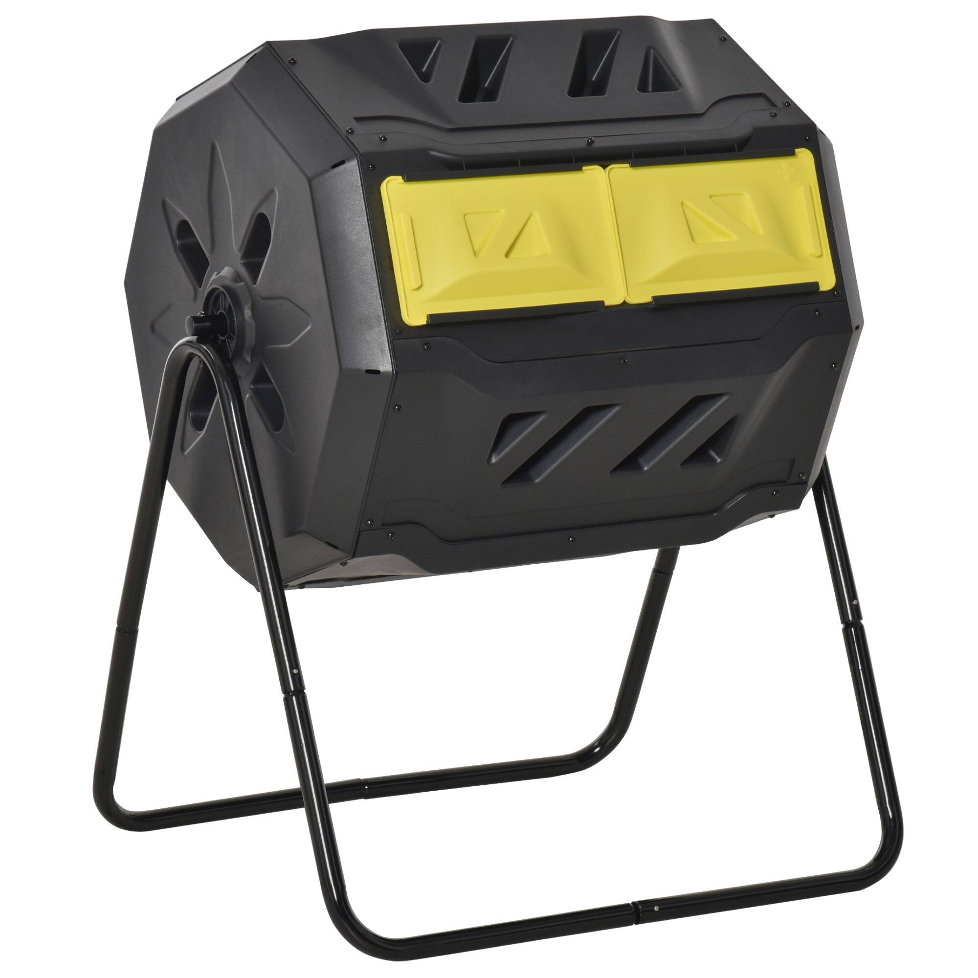 Front. Outsunny - Compost Bin Outdoor 360° Dual Chamber Rotating Composter 43 Gallon - Yellow.