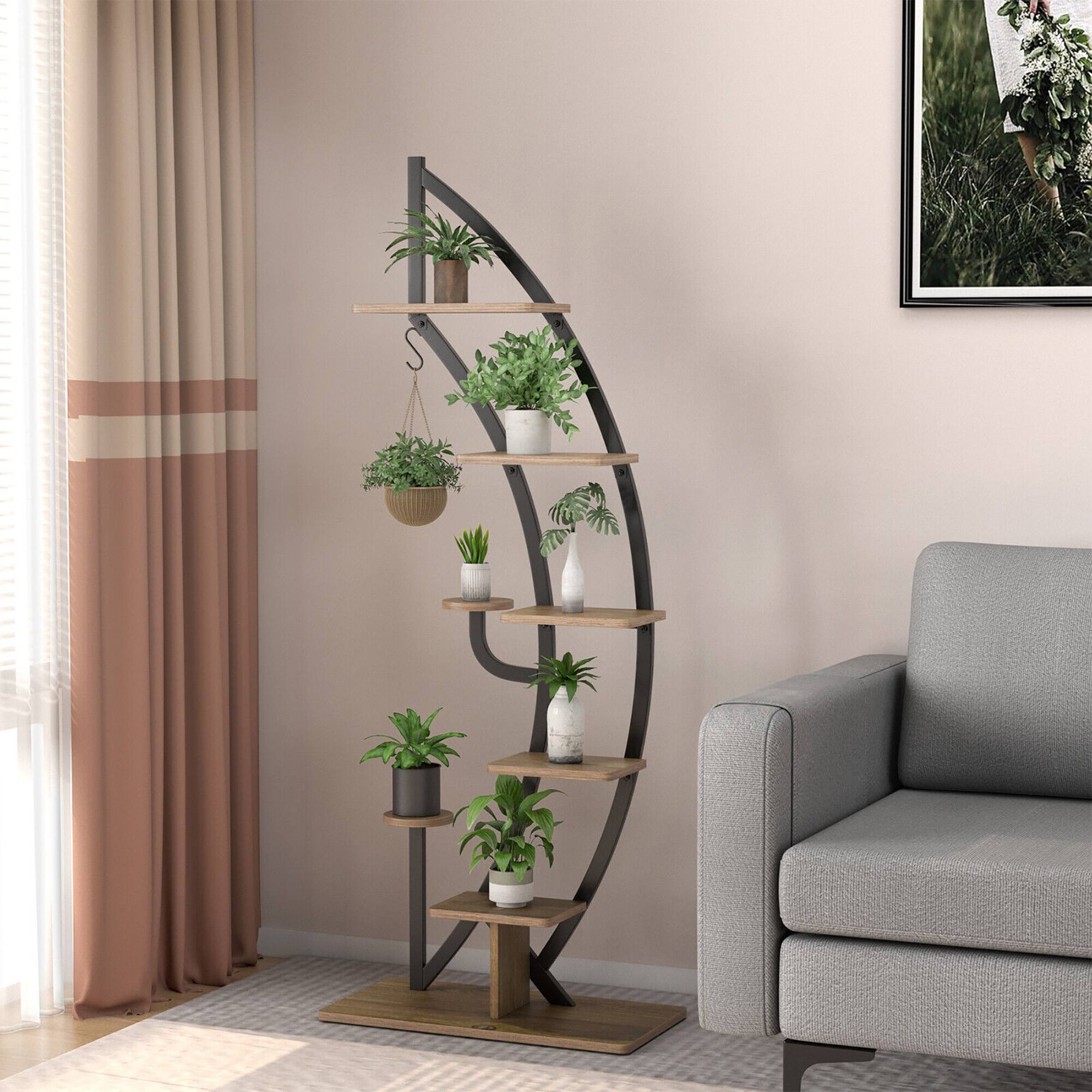 Alt View 3. Gymax - Gymax 2 PCS 6 Tier 9 Potted Metal Plant Stand Curved Stand Holder Display Shelf w/ Hook - Natural+Black.