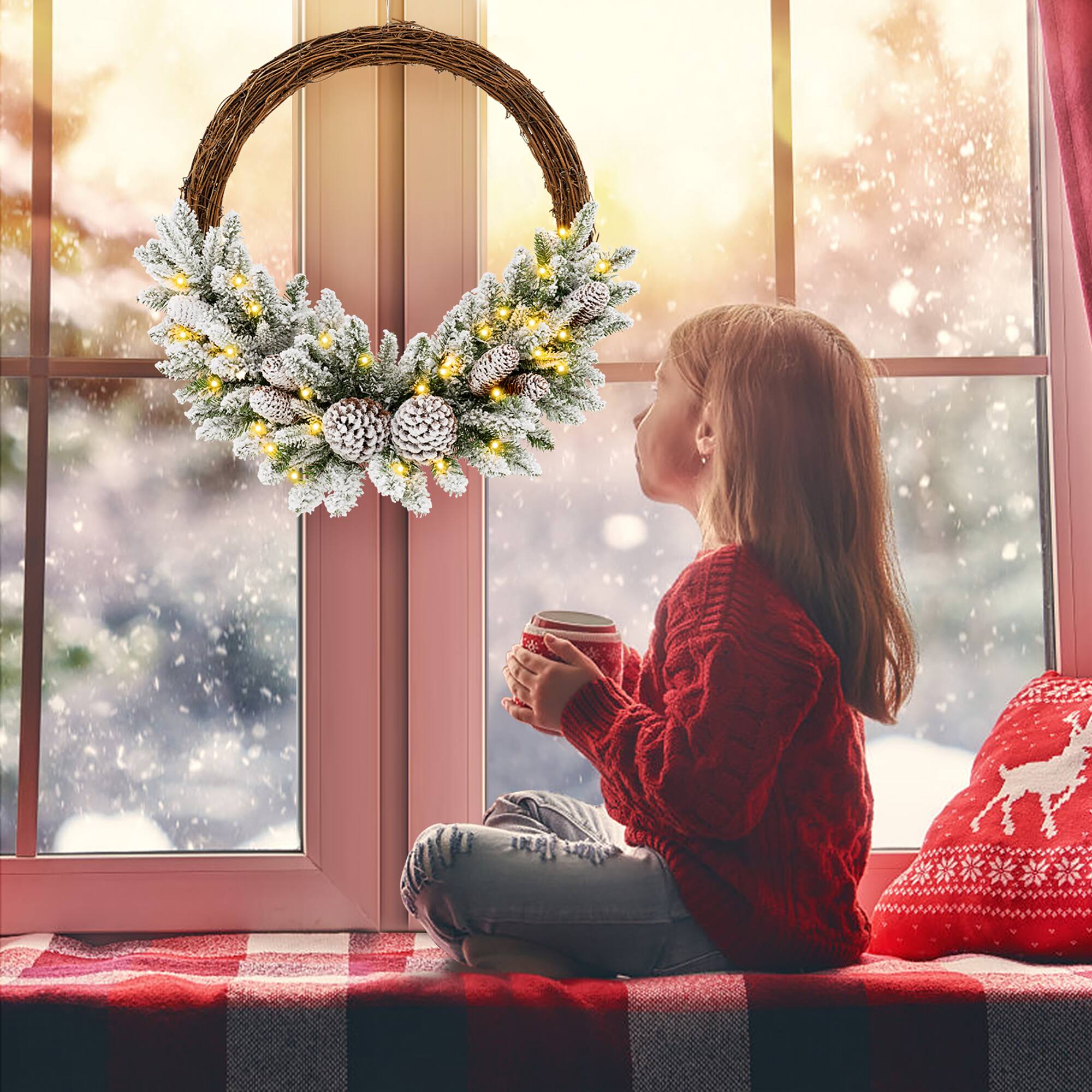 Alt View 4. Gymax - Gymax 24'' Christmas Wreath w/65 Branch Tips 8 Natural Pine Cones 6 Lighting Modes - White, Green.