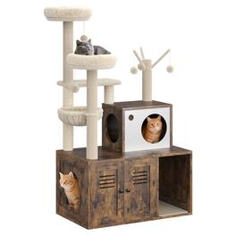 GARVEE - Multi-Level Cat Tree w/Hidden Litter Box - 3-in-1 Tower w/Condo, Hammock & Scratching Posts, Odor-Control Design - Brown