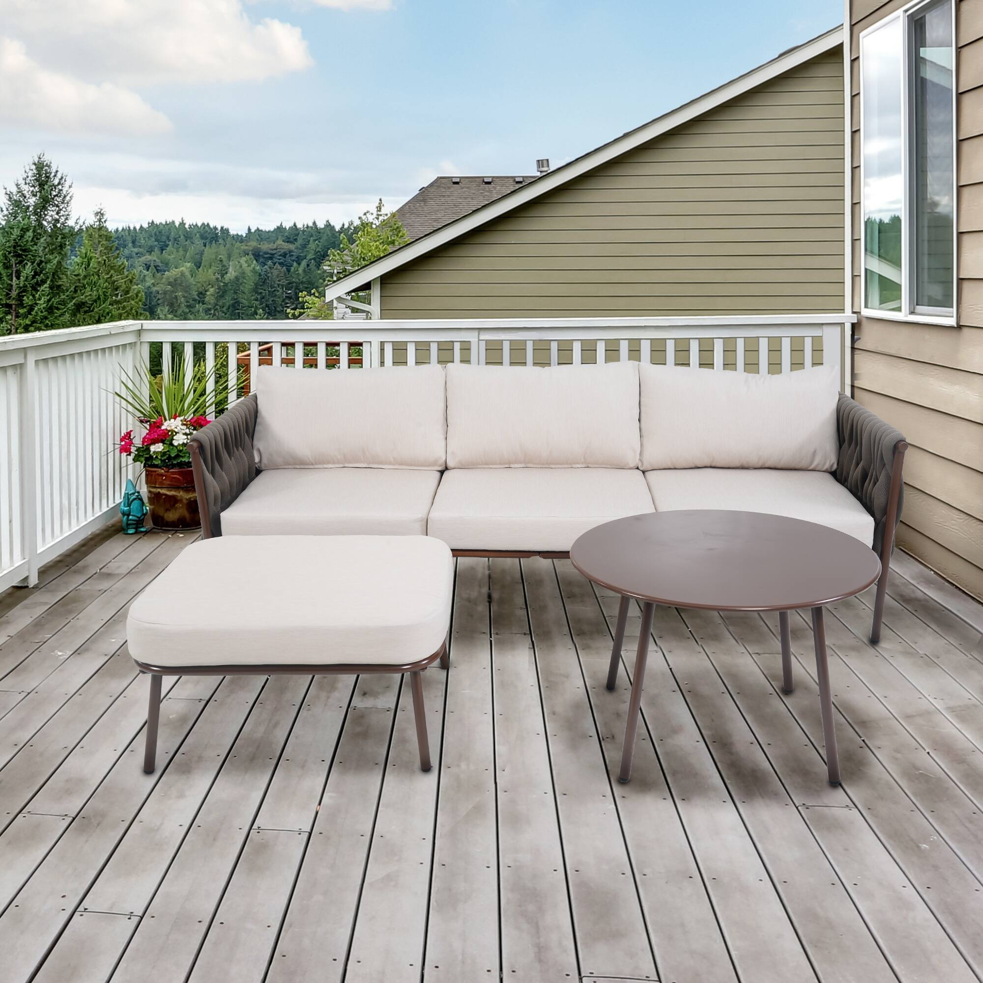 Angle. Yardgrace - Outdoor Patio Sectional Sofa Set Round Coffee Table 4 Seat Deep Seating Washable Cushions Chestnut Brown Creamy Apricot - Whlite.