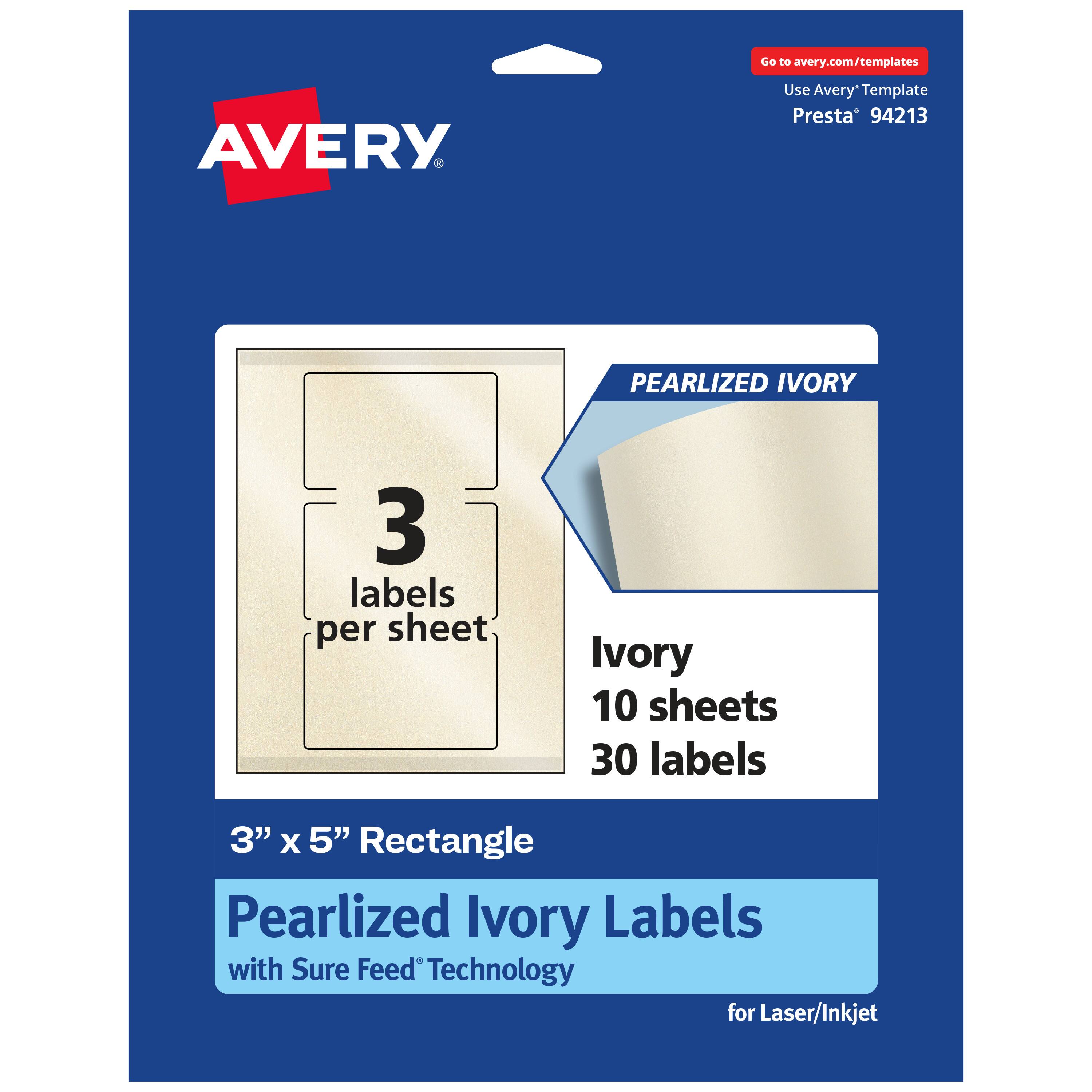 Go to avery.com/templates  
Use Avery Template Presta® 94213  

PEARLIZED IVORY  
3 labels per sheet  
Ivory 10 sheets 30 labels  
3" x 5" Rectangle  
Pearlized Ivory Labels with Sure Feed® Technology for Laser/Inkjet