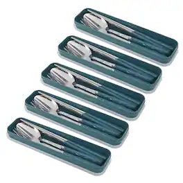 all - 5x Eco-Friendly Stainless Steel Cutlery Set – Spoon, Fork & Chopsticks in Convenient Case for Students and Travel