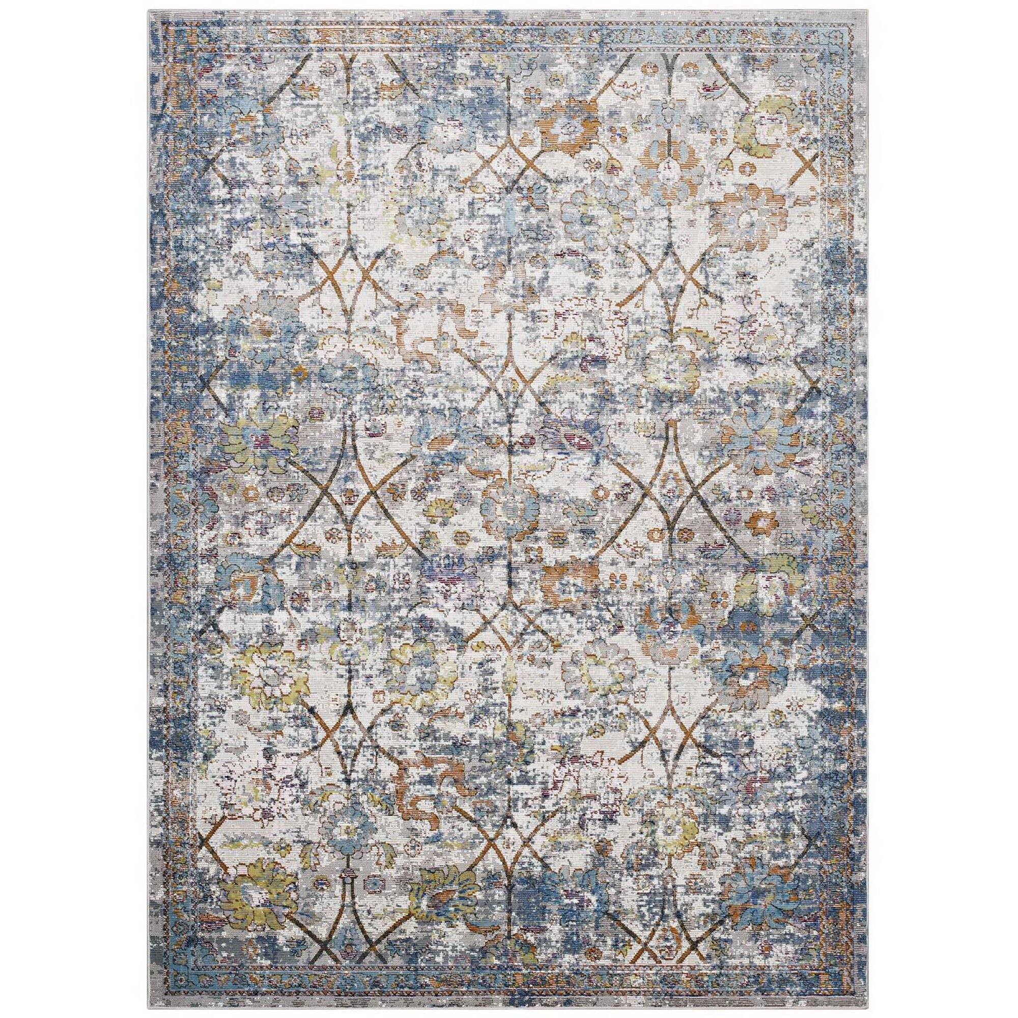 Angle. Modway - Minu Distressed Floral Lattice Area Rug - Light Blue Yellow and Orange.