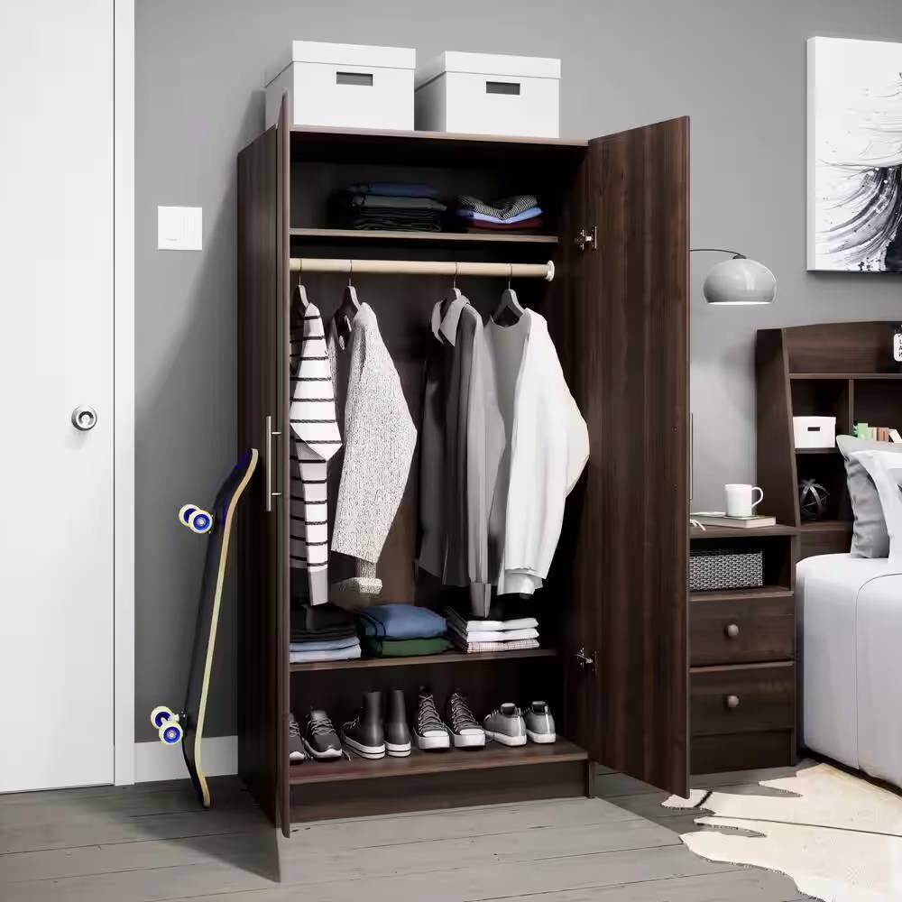 Angle. Hivvago - Bedroom Armoire Wardrobe Cabinet Closet with Hanging Rail in Brown Wood Finish - Espresso.