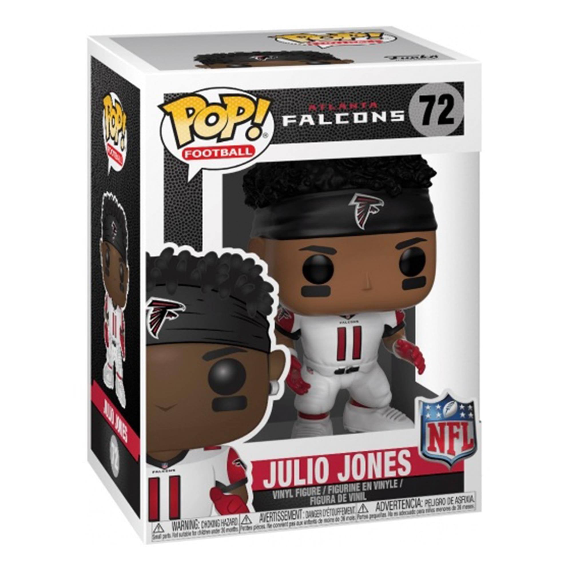 Sure, here is the corrected and grouped text from the image:

---

**Top Left:**
- POP! FOOTBALL

**Top Center:**
- ATLANTA FALCONS 72

**Center:**
- JULIO JONES
- VINYL FIGURE / FIGURINE EN VINYLE / FIGURA DE VINIL

**Bottom Center:**
- WARNING: CHOKING HAZARD - Small parts. Not for children under 3 years.
- AVERTISSEMENT: PELIGRO DE ASFIXIA - Piezas pequeñas. No es para niños menores de 3 años.
- ADVERTENCIA: PEQUEÑOS OBJETOS - Riesgo de asfixia. No es para niños menores de 3 años.

**Bottom Right:**
- NFL

**Bottom Left:**
- JULIO JONES

**Bottom Center (on the figure):**
- 11

---