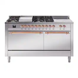 ILVE - Nostalgie II Series 60 in. Dual Fuel Range with 7 Sealed Burners + Griddle (Liquid Propane, Copper Trim) - Stainless Steel