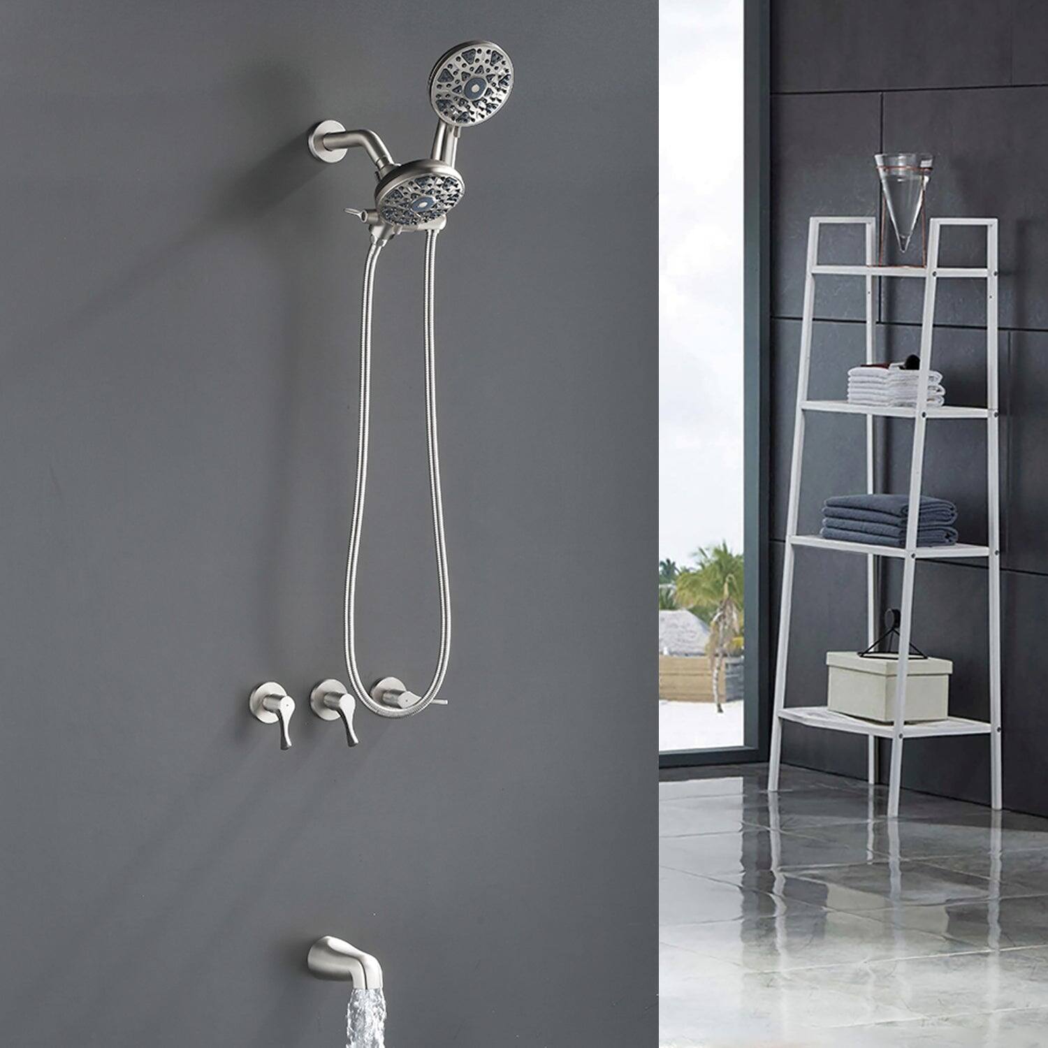 Alt View 4. Boyel Living - Brushed Nickel Shower Set with Triple Handle Control 6 Function Dual Shower Heads and High Flow Tub Spout - Brushed Nickel.