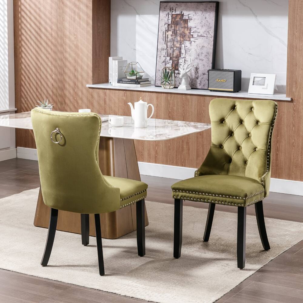 Alt View 10. Loheer - Loheer Olive Green Velvet Dining Chairs Set of 2, Tufted Upholstered High Back Chairs with Nailhead Trim - Olive Green.