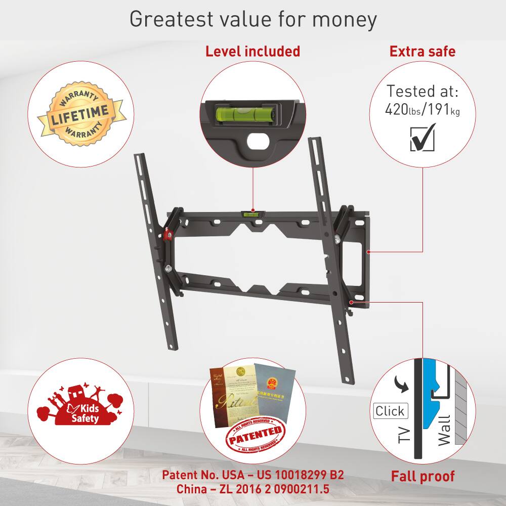 Greatest value for money  
Level included  
Extra safe  
LIFETIME WARRANTY  
Tested at: 420lbs/191kg  
Kids Safety  
Click TV Wall  
Patent No. USA - US 10018299 B2  
China - ZL 2016 2 0900211.5  
Fall proof