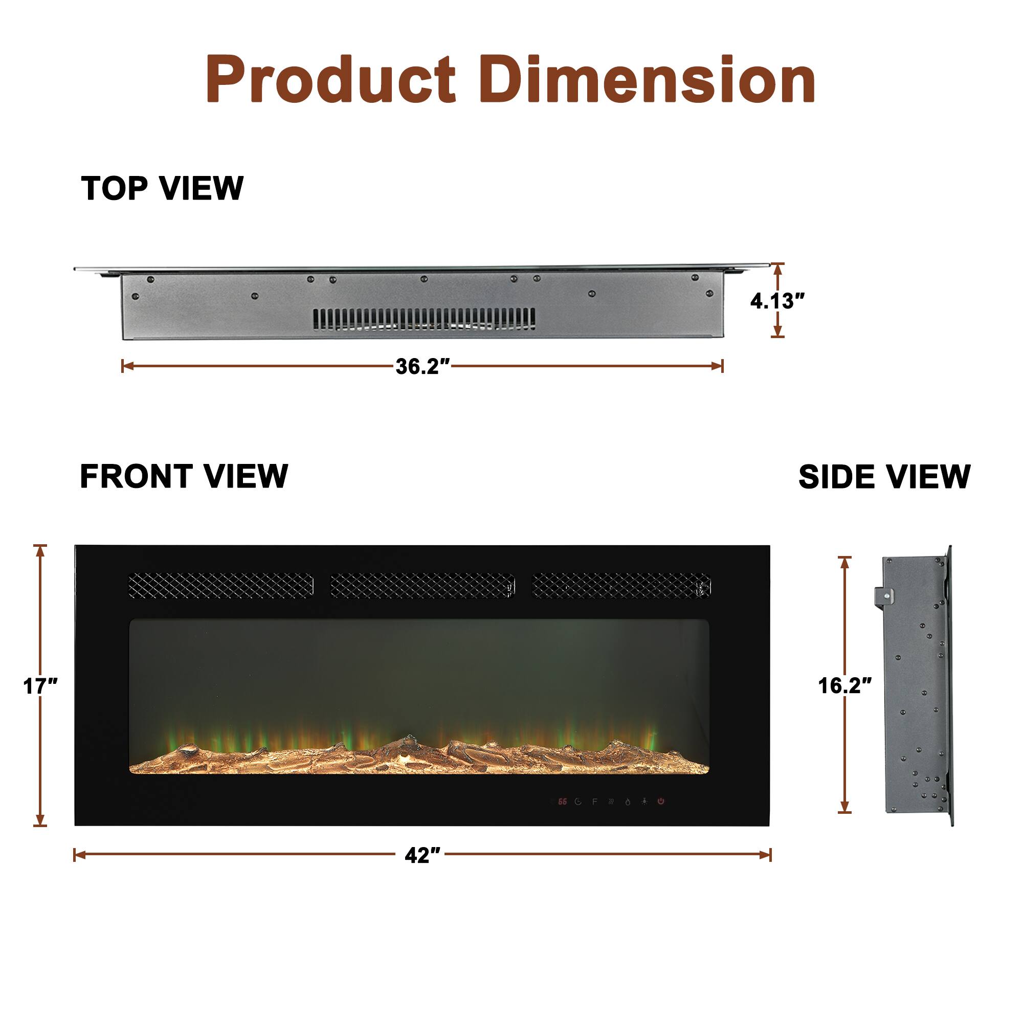Product Dimension

TOP VIEW
- Length: 36.2"
- Height: 4.13"

FRONT VIEW
- Width: 42"
- Height: 17"

SIDE VIEW
- Depth: 16.2"