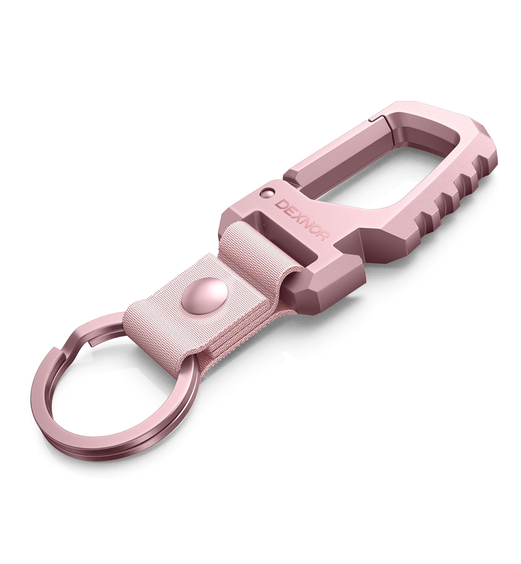 Dexnor - Heavy Duty Stainless Steel Carabiner Keychain with Bottle Opener & Nylon Webbing Snap Clip, EDC Key Fob Organizer - Pink